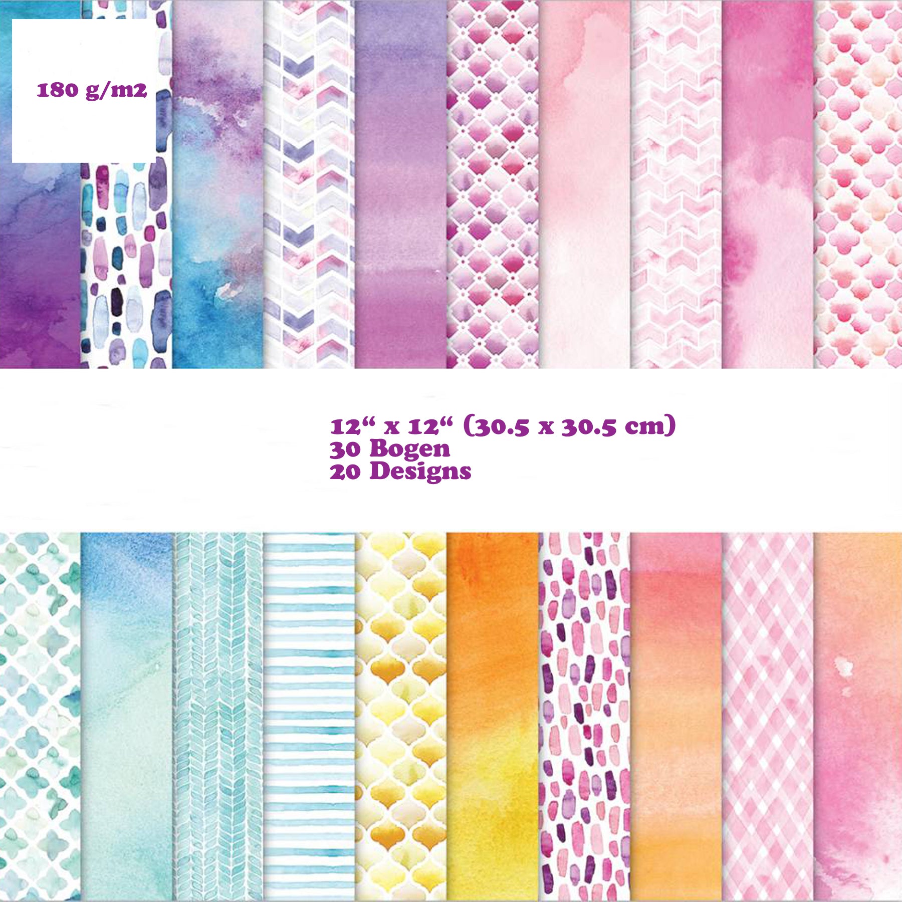 Crealive Premium Paper Pad 180 g/m2 - 12’’ x 12’’ - Watercolours Inhalt: 30 Bogen 20 Designs beidseitig bedruckt Dieses Paper Pad / Designpapier ist geeignet für: Karten Karten-Verzierungen Kuverts Geschenkboxen & Verpackungen Plotten Scrapbooking
