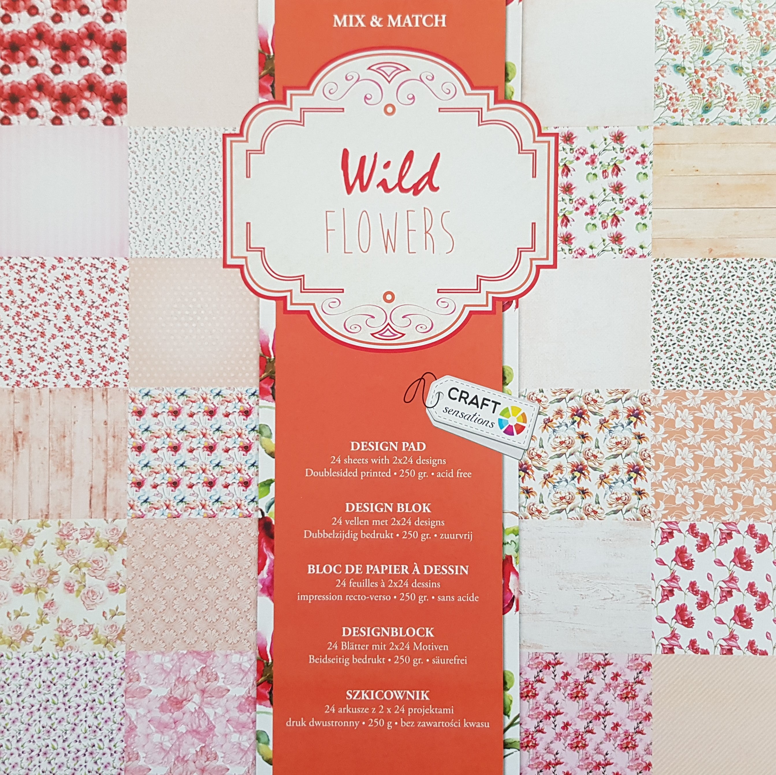 Paper Pad 250 g/m2 - 12’’ x 12’’ - Wild Flowers Spezifikationen: 12’’ x 12’’ (30.5 cm x 30.5 cm) 250 g/m2 beidseitig bedruckt lässt sich gut schneiden säurefrei Inhalt: 24 Bogen 24 Designs beidseitig bedruckt Dieses Paper Pad / Designpapier ist geeignet für: Karten Karten-Verzierungen Kuverts Geschenkboxen & Verpackungen Plotten Scrapbooking