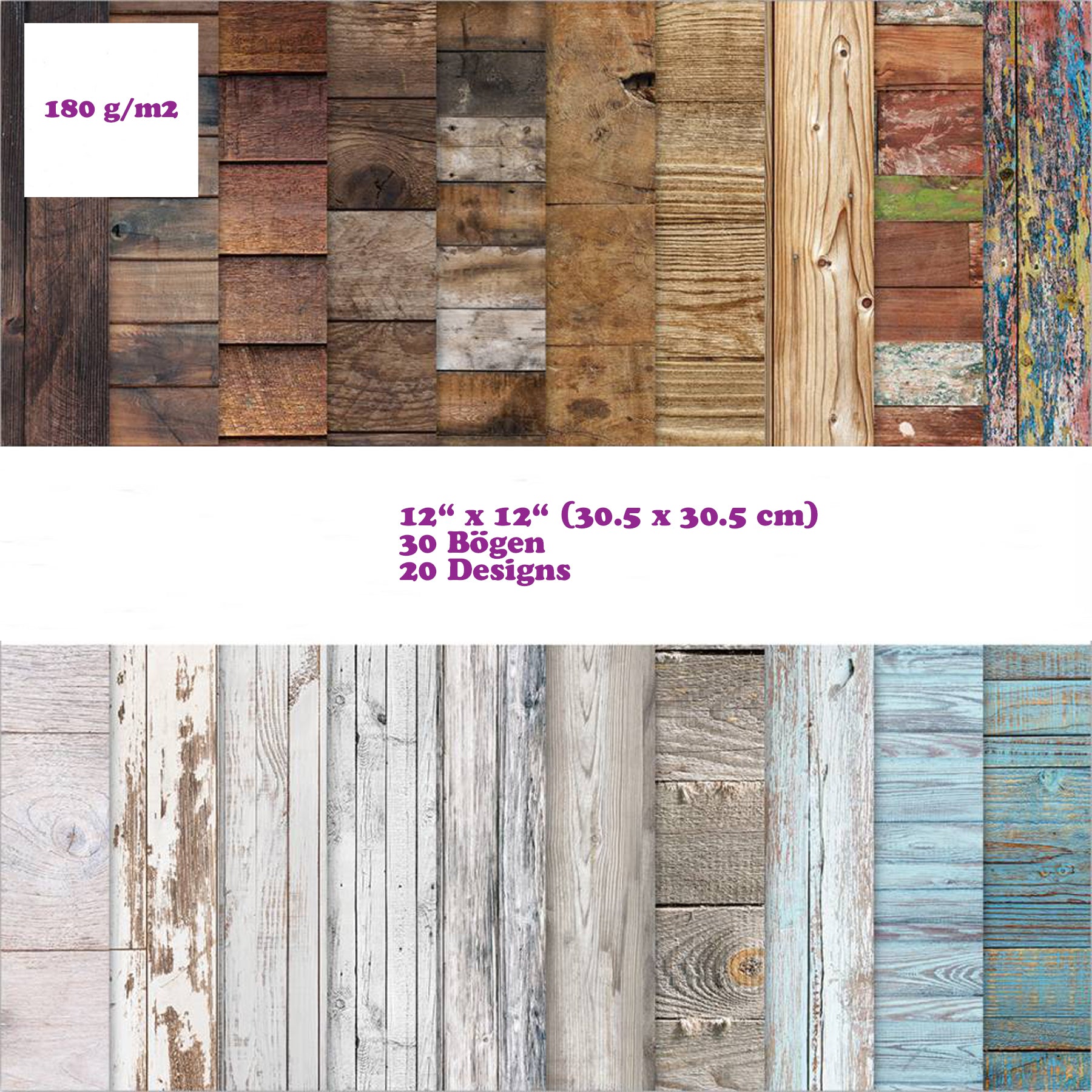 Crealive Premium Paper Pad 180 g/m2 - 12’’ x 12’’ - Wood Textures Inhalt: 30 Bogen 20 Designs beidseitig bedruckt Dieses Paper Pad / Designpapier ist geeignet für: Karten Karten-Verzierungen Kuverts Geschenkboxen & Verpackungen Plotten Scrapbooking