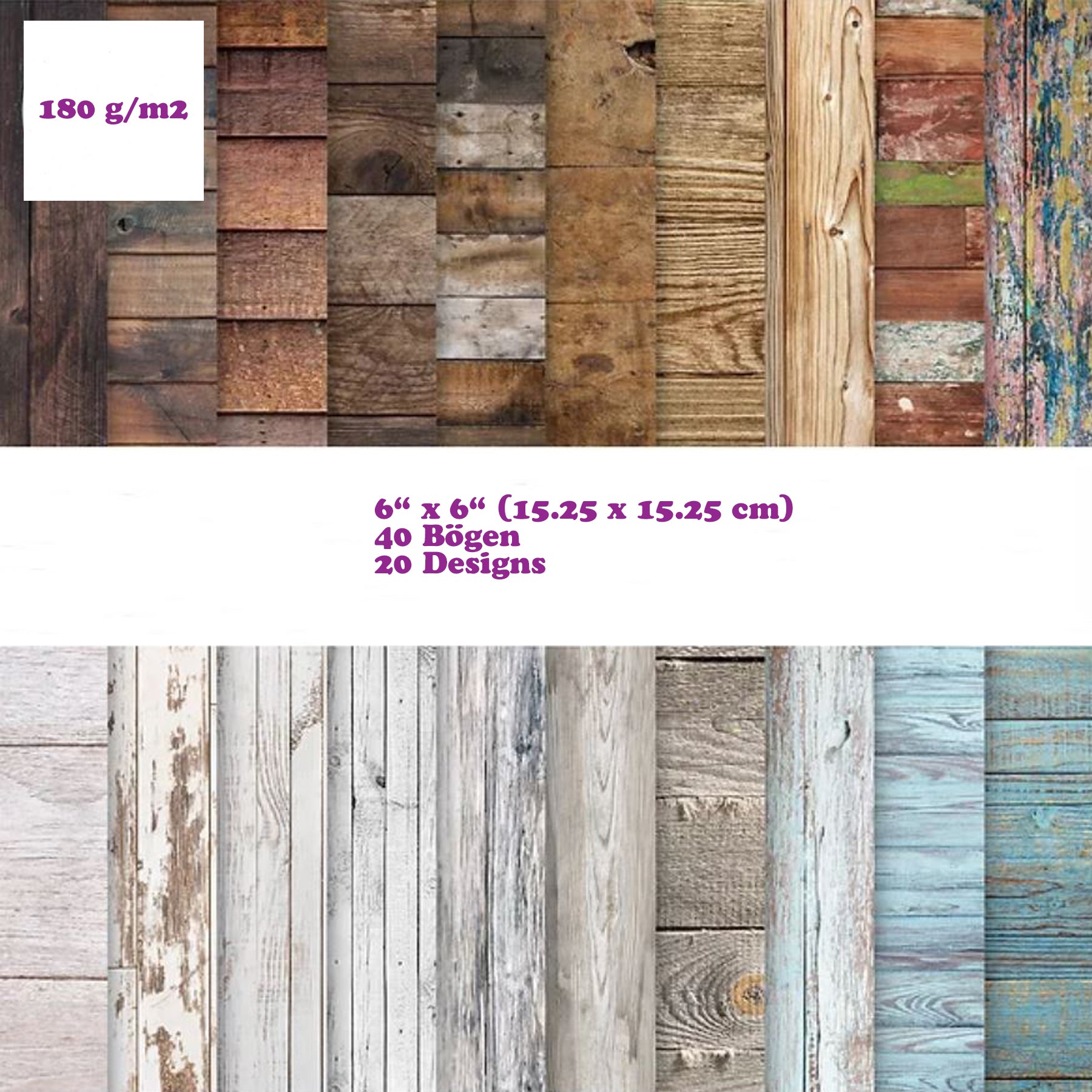 Crealive Premium Paper Pad 180 g/m2 - 6’’ x 6’’ - Wood Textures Inhalt: 40 Bogen 20 Designs beidseitig bedruckt Dieses Paper Pad / Designpapier ist geeignet für: Karten-Verzierungen Verpackungs-Dekoration Plotten Scrapbooking Spezifikationen: 6’’ x 6’’ 15.25 cm x 15.25 cm) 180 g/m2 beidseitig bedruckt säure- und ligninfrei lässt sich gut schneiden