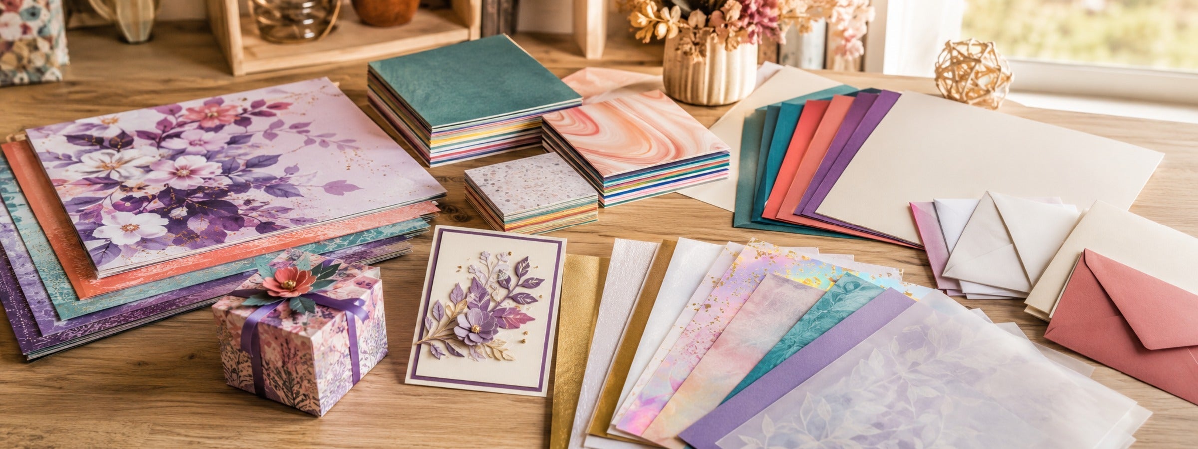 Motivpapier, farbiger Cardstock, Metallic-, Transparent- und Spezialpapier mit gebastelter Karte und Geschenkbox aus dem Sortiment von crealive.ch
