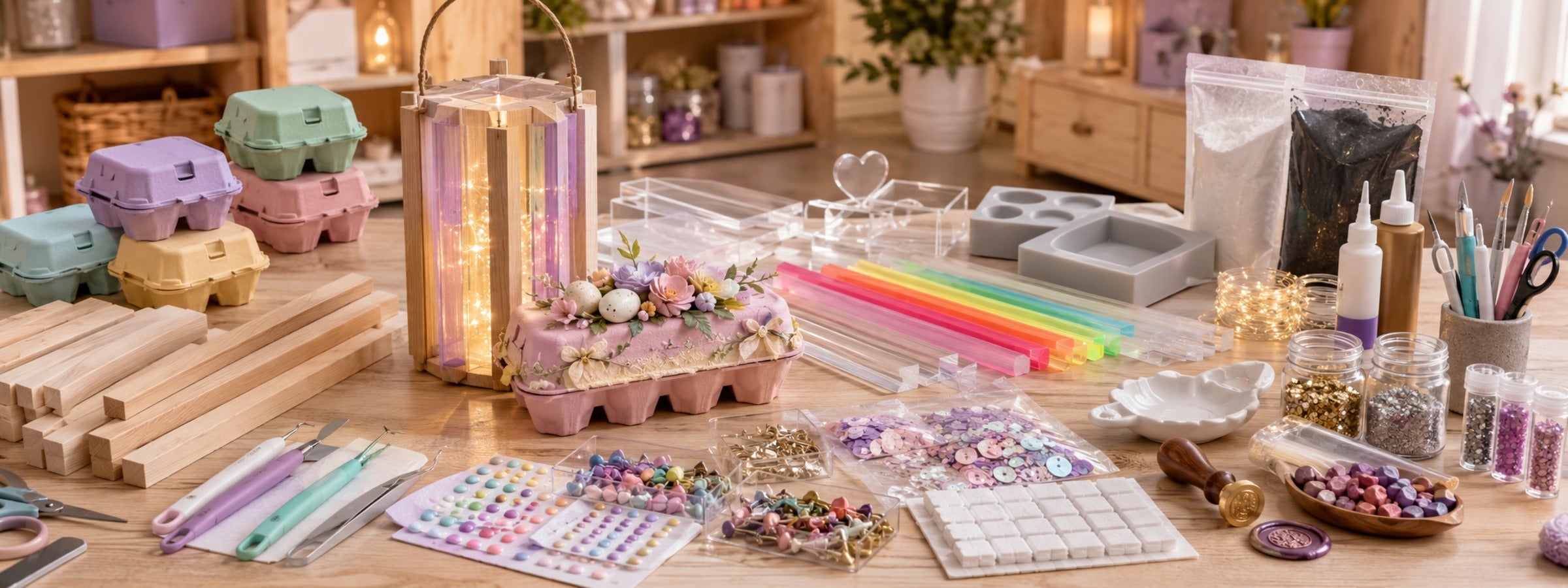 Holz- und Acrylklötzchen, Eierschachteln, Giessformen, Kleber und Dekoelemente mit fertiger Leuchtdeko und verzierter Geschenkverpackung