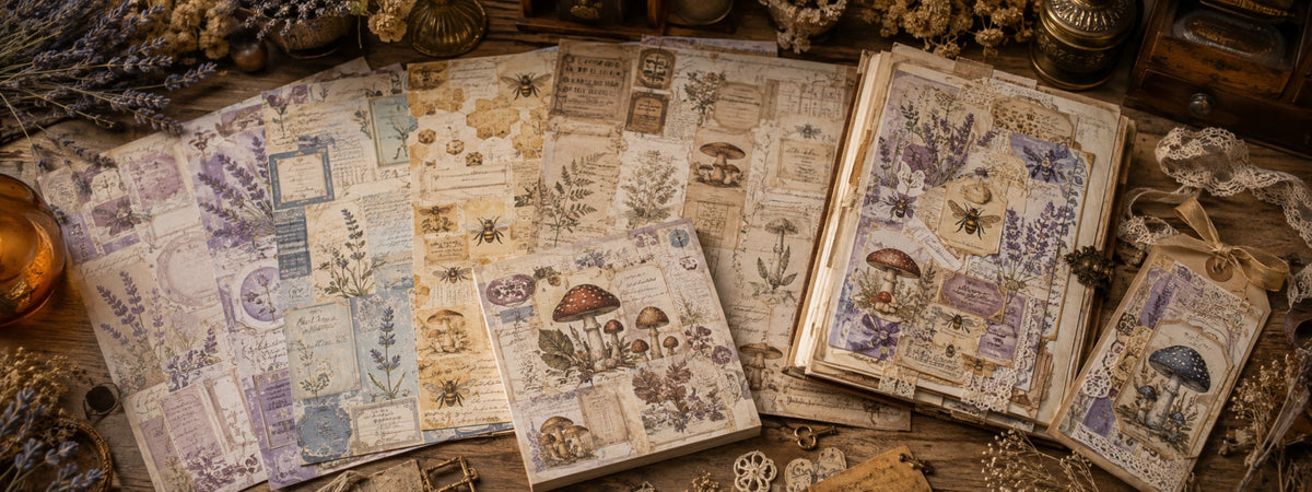 Nostalgische Ephemera-Papiere mit botanischen Illustrationen, Etiketten, Briefmarken und Vintage-Elementen – perfekt für Journaling, Karten, Tags und detailreiche Collagen.