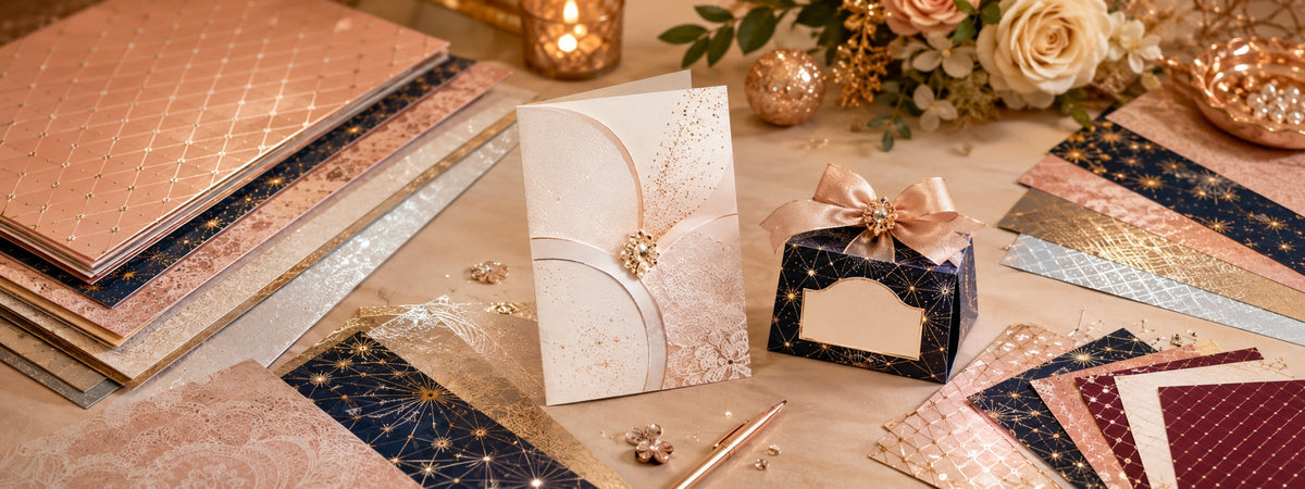 Edle Designpapiere mit Metallic-, Folien- und Glanzeffekten für Hochzeiten, Silvester und besondere Anlässe - ideal für Einladungen, Tischkarten, Geschenkboxen und festliche Dekorationen.