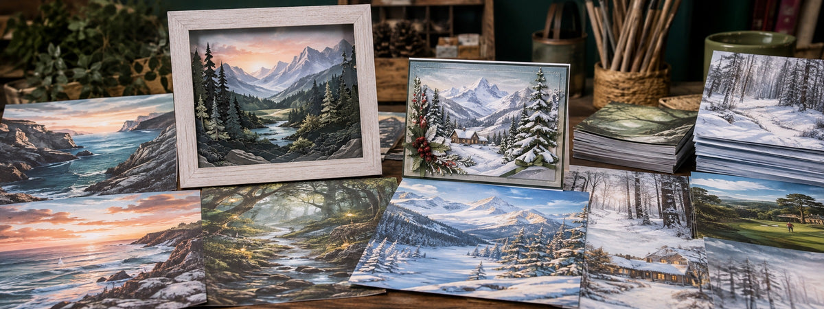Motivpapiere mit Küsten, Wäldern, Bergen, Winterlandschaften und besonderen Orten – ideal für stimmungsvolle Karten, Scrapbook-Seiten und gerahmte Papierkunst.