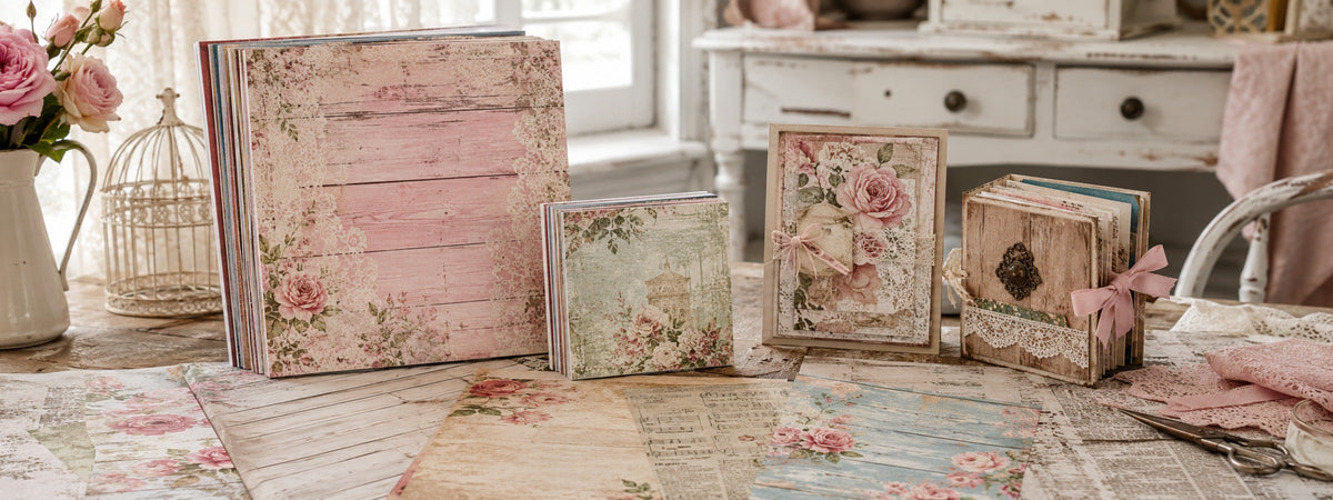 Romantische Shabby- und Vintage-Papiere mit verwittertem Holz, alten Schriften, Musiknoten, Spitze und floralen Motiven - für Projekte mit nostalgischem Charme.