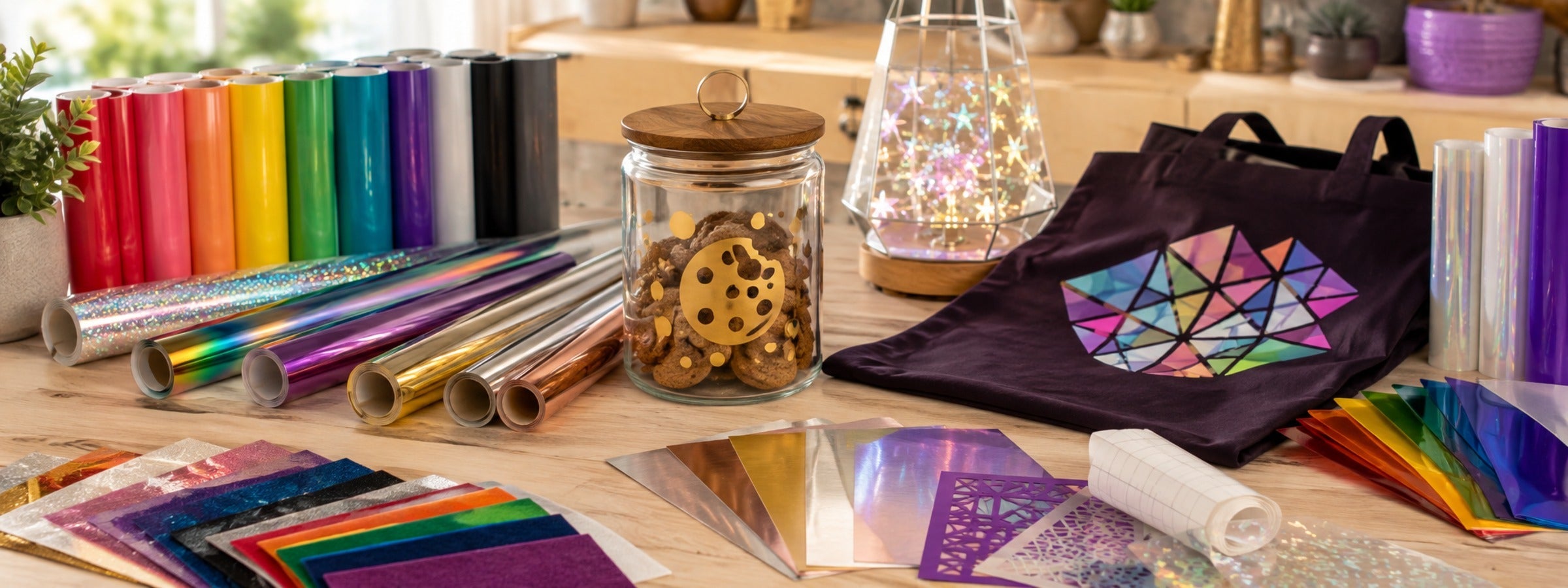 Farbige Vinyl-, Metallic-, Glitzer- und Effektfolien mit personalisiertem Vorratsglas, Dekoleuchte und Stofftasche von crealive.ch