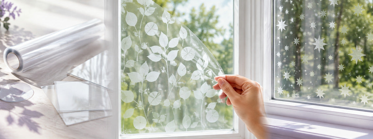 Transparente, statisch haftende Fensterfolie mit ablösbaren Blätter- und Sternmotiven auf einer Fensterscheibe.