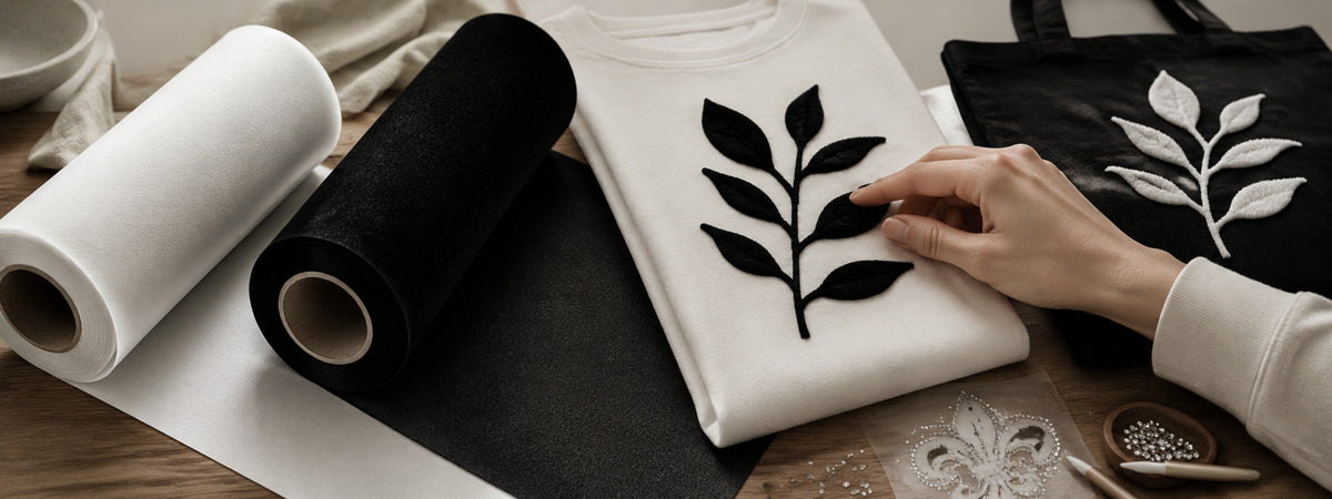 Weisse und schwarze Flockfolie mit weichen, erhabenen Pflanzenmotiven auf einem Pullover und einer Stofftasche.