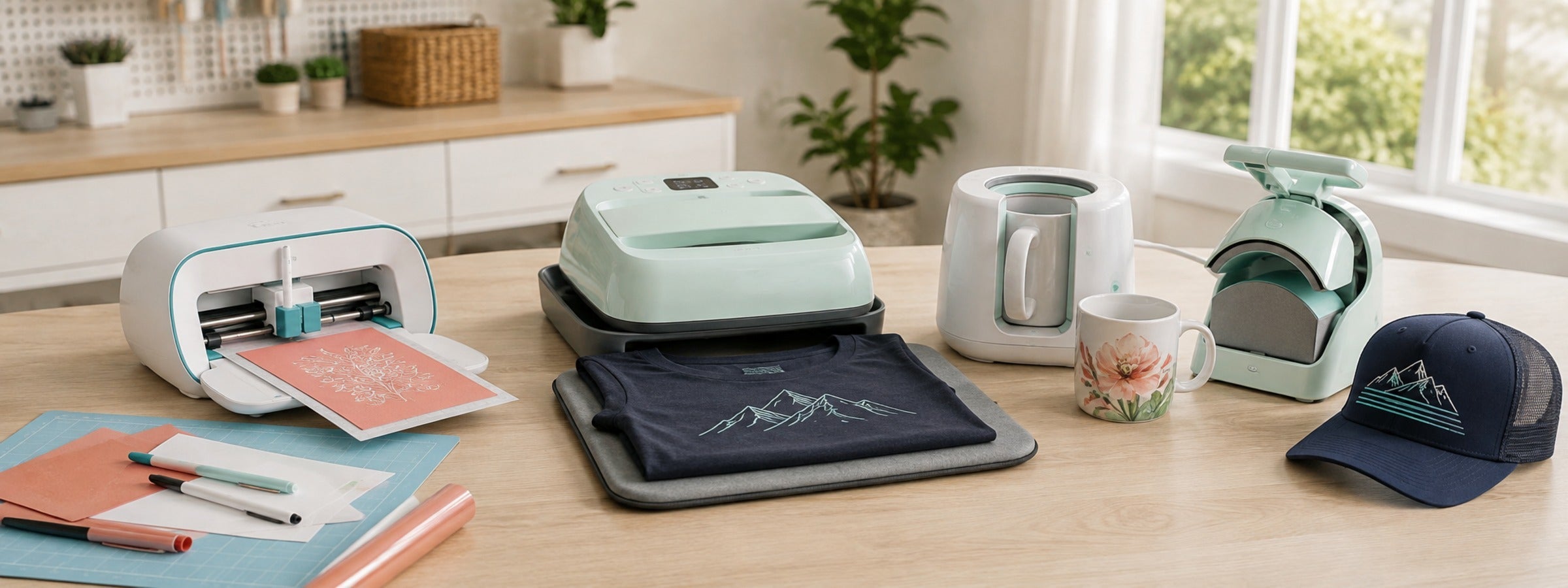 Cricut Joy, EasyPress, Mug Press und Hat Press mit gestalteter Karte, bedrucktem Shirt, personalisierter Tasse und Cap aus dem Sortiment von crealive.ch