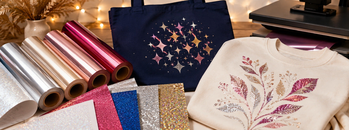 Metallic- und Glitzer-Flexfolien in Silber, Roségold, Pink, Blau und Gold mit veredeltem Pullover und Stoffbeutel.
