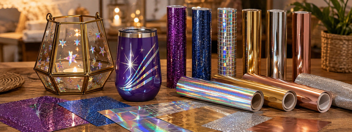 Glitzernde, metallische und holografische Vinylfolien mit funkelnd gestaltetem Windlicht und Becher als kreative Beispiele.