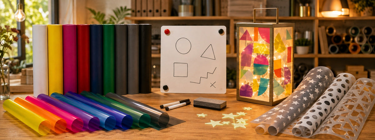 Spezial-Vinylfolien mit Whiteboard-, Glas-, Farbwechsel-, Schablonen- und Leuchteffekten sowie dekorierter Laterne.