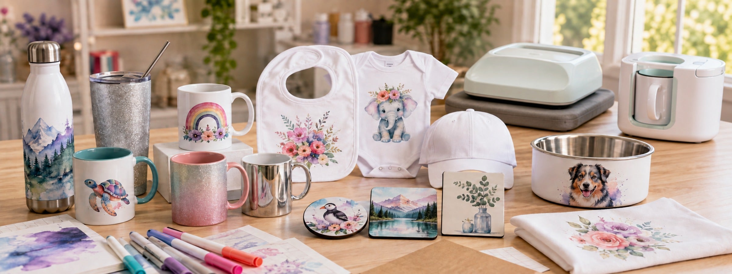 Sublimierbare Tassen, Flaschen, Textilien, Untersetzer und Dekoartikel mit Cricut EasyPress und Mug Press für personalisierte Projekte