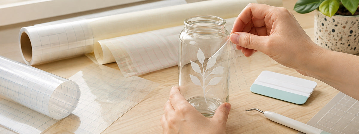 Transparente Übertragungsfolien mit und ohne Raster beim präzisen Aufbringen eines geplotteten Motivs auf ein Glas.