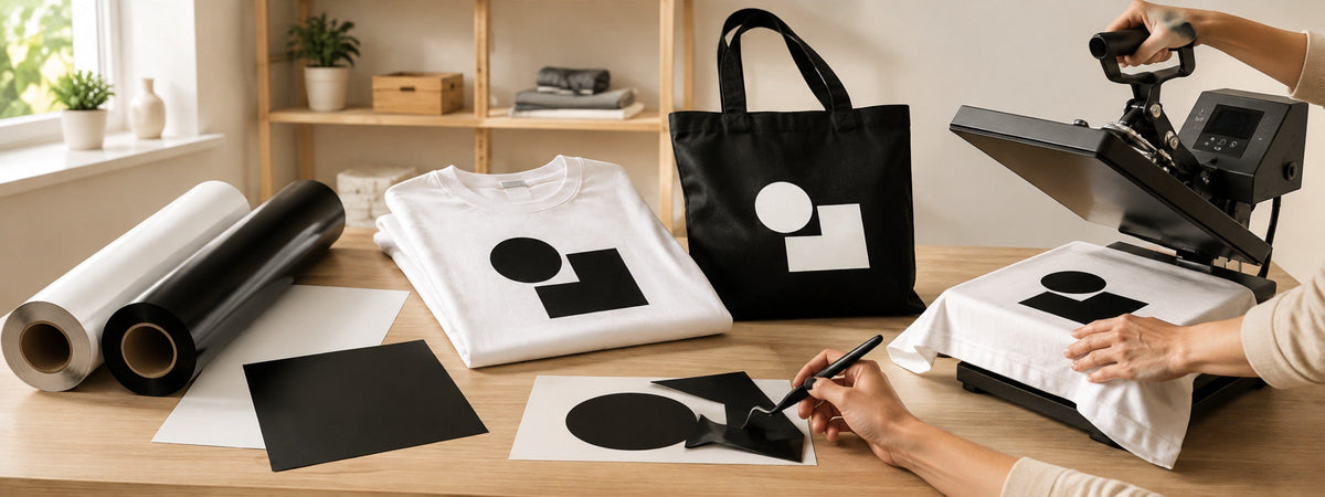 Schwarze und weisse Uni-Flexfolien beim Entgittern und Aufpressen auf ein T-Shirt und eine Stofftasche.