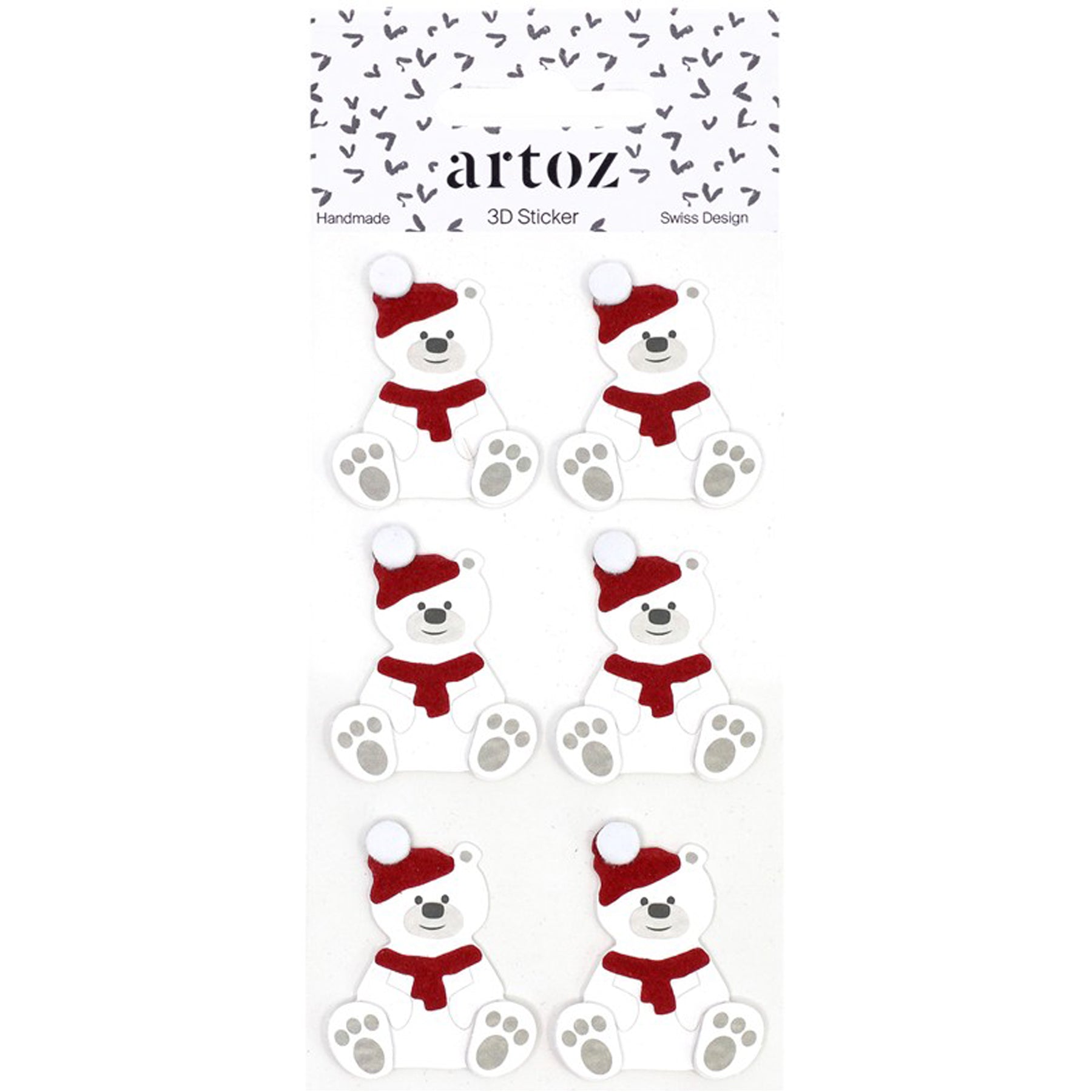 Crealive 3D-Sticker Teddybär weiss

Inhalt:
•	6 x 3D-Teddy Papiersticker

Die hochwertigen Artoz 3D- Sticker machen Spaß und sind das i-Tüpfelchen auf einem Geschenk, zum Basteln von Karten, Einladungen, Geschenkverpackungen, Tischkarten, Deko-Objekte und vielem mehr. - Handgemacht - Swiss Design
