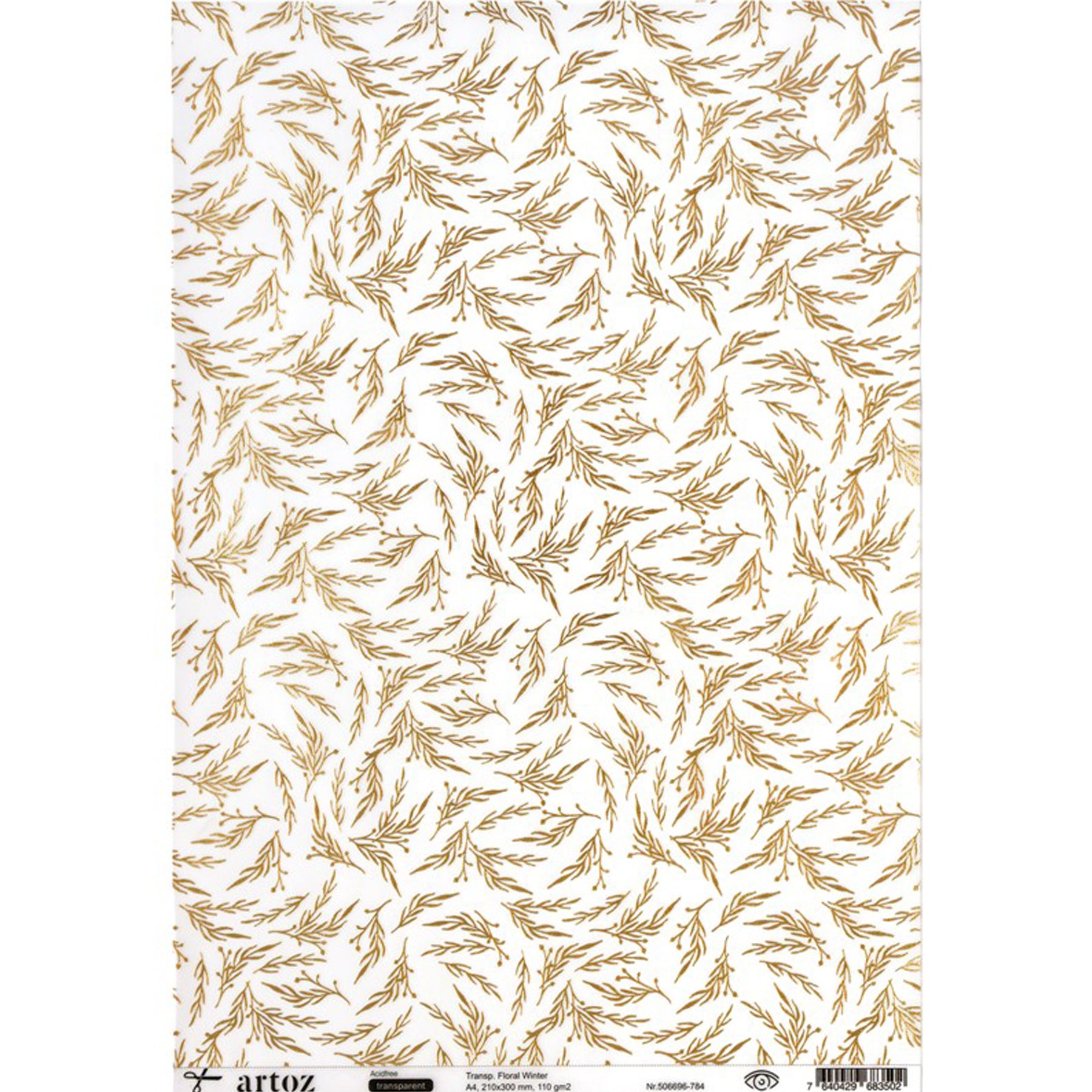 Crealive Pergamentpapier / Transparentpapier 110 g/m2 - Floral Winter
 
Inhalt:
•	1 Bogen
 
Spezifikationen:
•	A4 (21 x 30 cm)
•	110 g/m2
•	Farbe: Weiss transparent mit Goldfoil
•	Muster: Floral
 
Pergamentpapier / Transparentpapier ist geeignet für:
•	Verzierungen von Karten, Boxen, Geschenk-Verpackungen, Geschenktaschen, etc.
•	Boxen-Deko
•	Verpackungen
•	Laternen
•	Scrapbooking
•	Mixed-Media
•	Journaling
•	DIY-Deko
•	Fenster-Dekorationen
•	Fenster bei Häuschen
•	Halbtransparentes Sichtfenster bei Boxen &