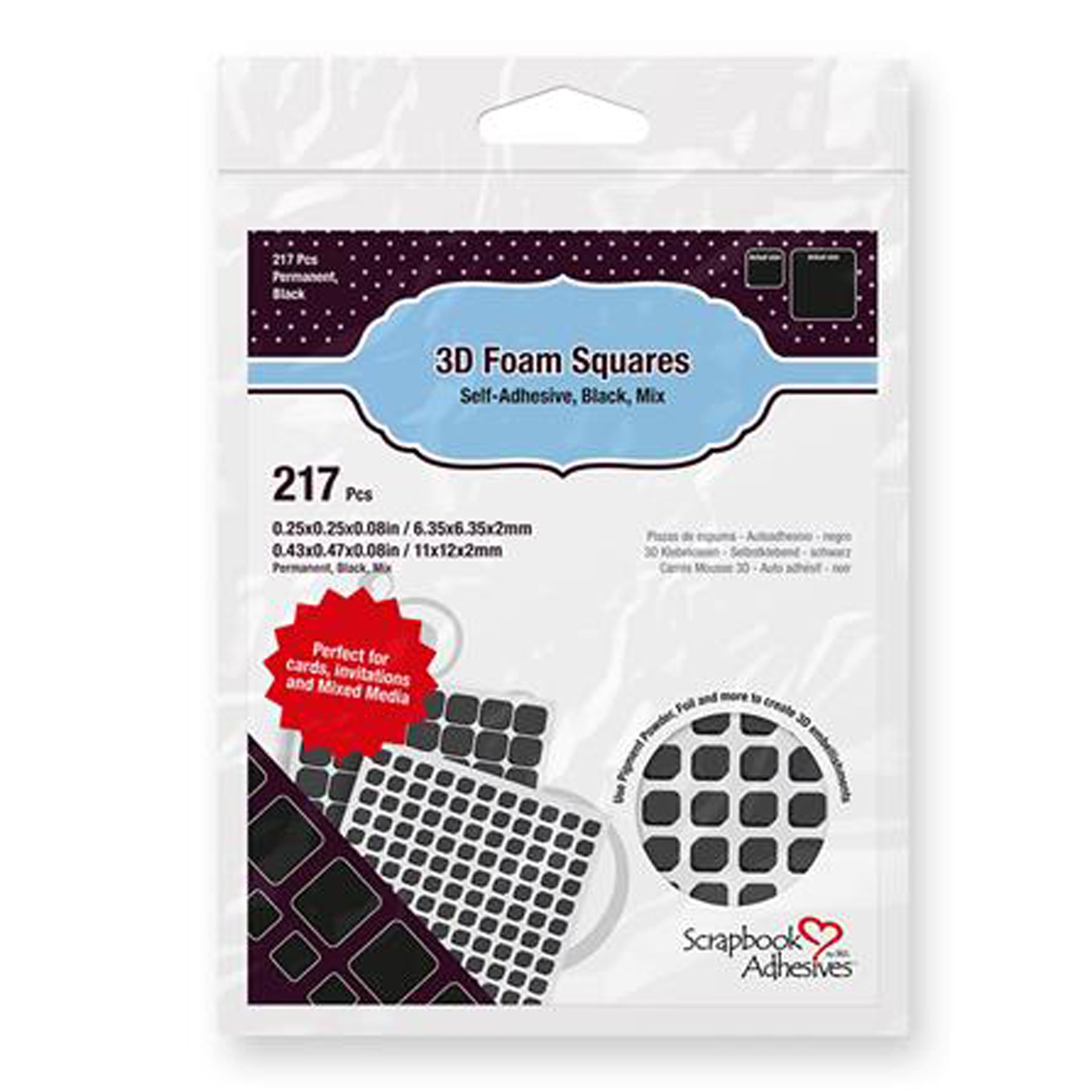 Crealive 3D Foam Quadrate - Schwarz
 
Inhalt:
•	1 Bogen vorgeschnittene 3D Schaumstoff-Quadrate 11 x 12 x 1 mm
•	1 Bogen vorgeschnittene 3D Schaumstoff-Quadrate 6.35 x 6.35 x 1 mm
 
Spezifikationen:
•	Material: Schaumstoff
•	217 Stück
•	Länge: 11 mm / 6.35 mm
•	Breite: 12 mm / 6.35 mm
•	Dicke: 1 mm
•	doppelseitig klebend
•	Farbe: Schwarz
 
Die doppelseitig selbstklebenden 3D Foam Quadrate sind geeignet für:
•	3D Look bei Karten, Schachteln, etc.
•	verschiedene Tiefen bei Dekorationen zu erzeugen
•	Papier
•	