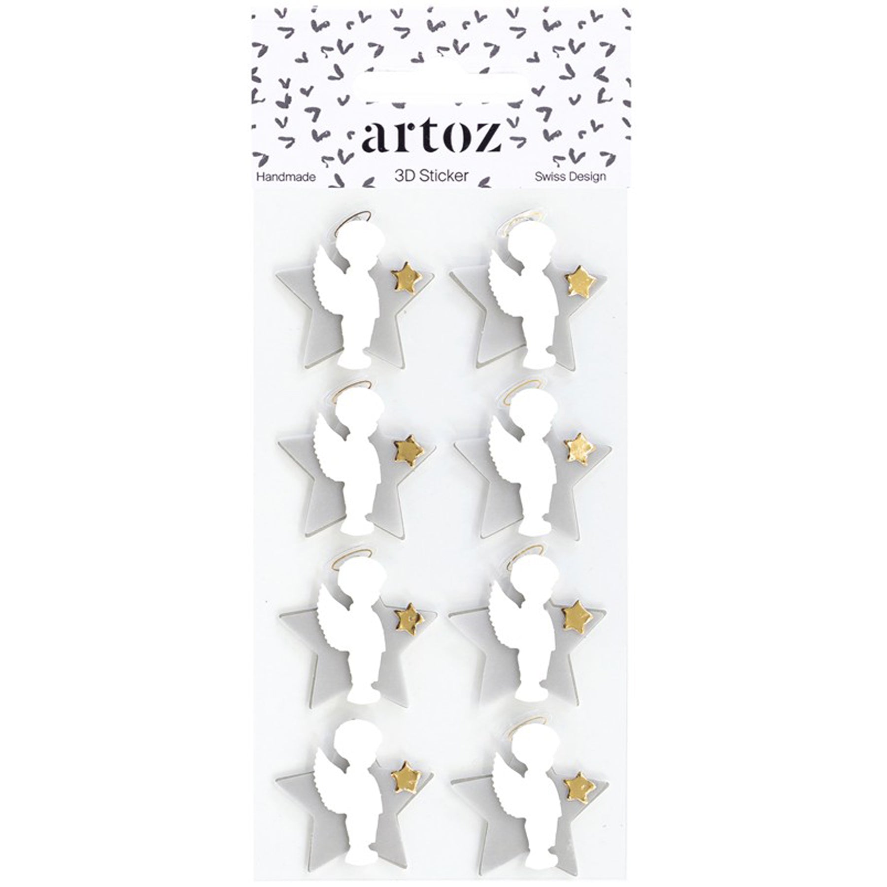 Crealive 3D-Sticker Engel mit Stern
 
Inhalt:
•	8 x 3D-Engel mit Stern
 
Die hochwertigen Artoz 3D-Sticker machen Spass und sind das i-Tüpfelchen auf einem Geschenk, zum Basteln von Karten, Einladungen, Geschenkverpackungen, Tischkarten, Deko-Objekte und vielem mehr. - Handgemacht - Swiss Design
 
Marke: Artoz
