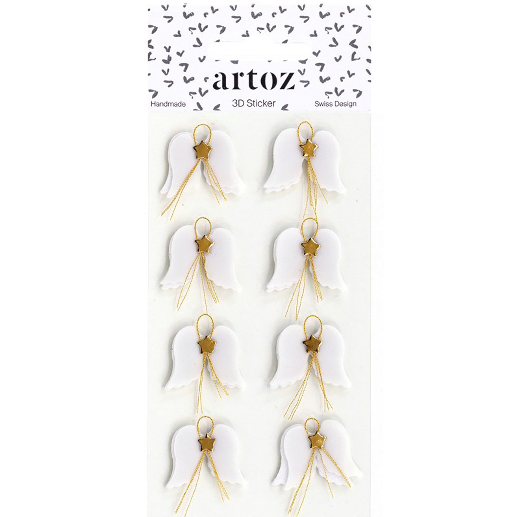 Crealive 3D-Sticker Engelsflügel
 
Inhalt:
•	8 x 3D-Sticker Engelsflügel
 
Die hochwertigen Artoz 3D-Sticker machen Spass und sind das i-Tüpfelchen auf einem Geschenk, zum Basteln von Karten, Einladungen, Geschenkverpackungen, Tischkarten, Deko-Objekte und vielem mehr. - Handgemacht - Swiss Design
 
Marke: Artoz
