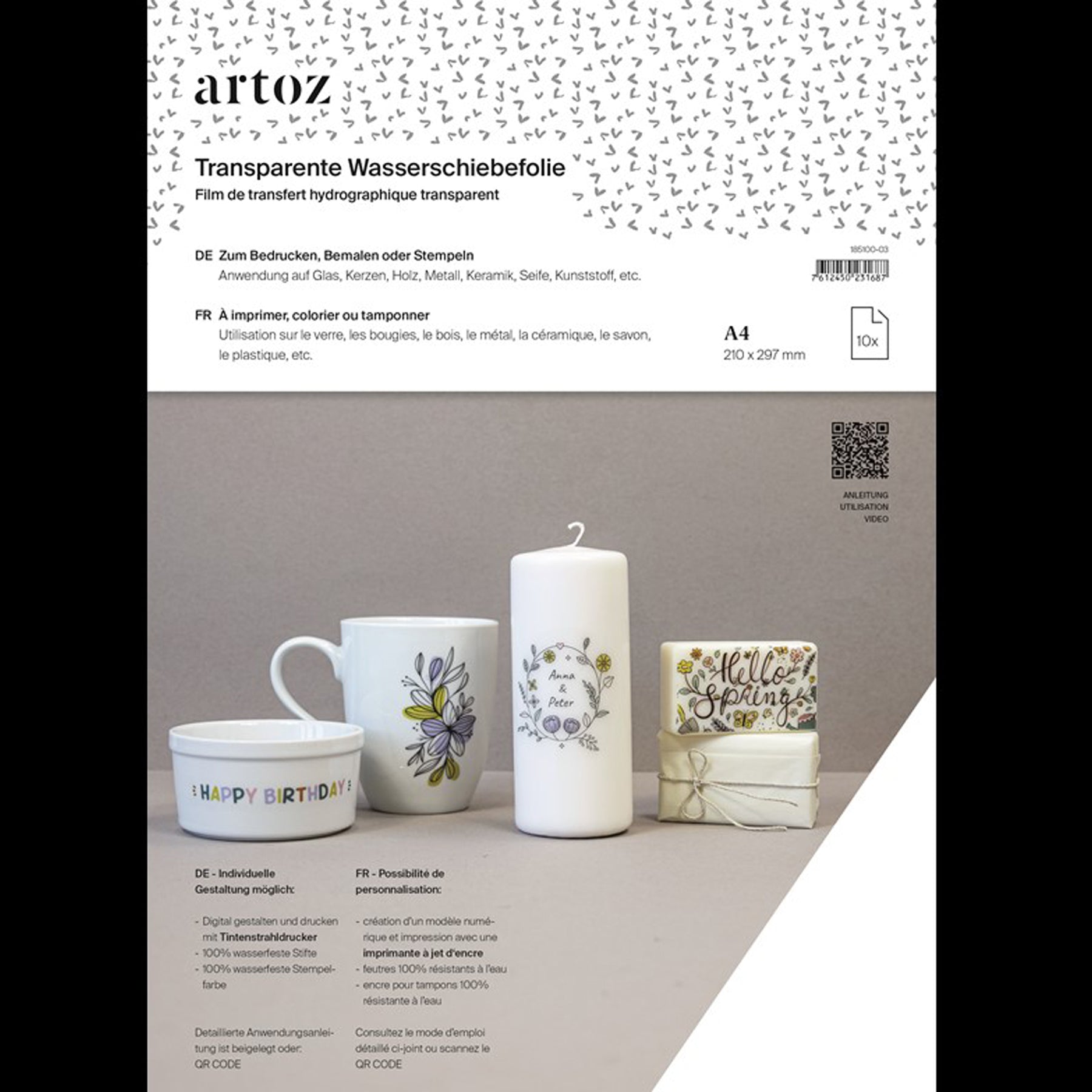 Crealive Wasserschiebefolie Transparent - Inkjet Gestalte deine Projekte mit Leichtigkeit und Kreativität - die Wasserschiebefolien von Artoz machen es möglich. Diese hochwertigen Folien ermöglichen es dir, einzigartige Designs und Motive auf verschiedene Oberflächen zu übertragen, sei es Glas, Keramik, Holz oder andere Materialien. Tauche ein in die Welt der Wasserschiebefolien von Artoz und verleihe deinen DIY-Projekten eine persönliche Note und professionelles Finish.    Inhalt: - 10 Blatt  