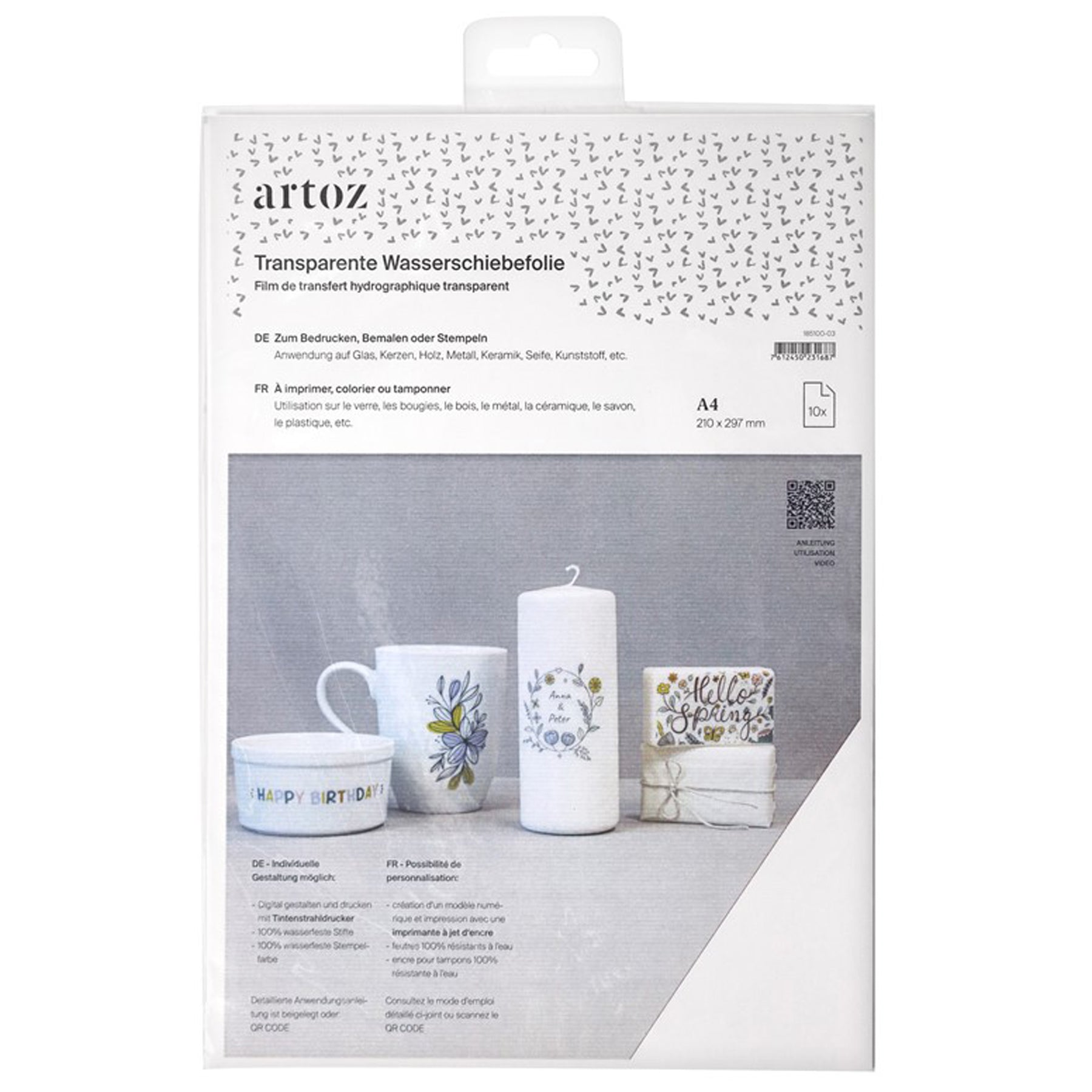 Crealive Wasserschiebefolie Transparent - Inkjet Gestalte deine Projekte mit Leichtigkeit und Kreativität - die Wasserschiebefolien von Artoz machen es möglich. Diese hochwertigen Folien ermöglichen es dir, einzigartige Designs und Motive auf verschiedene Oberflächen zu übertragen, sei es Glas, Keramik, Holz oder andere Materialien. Tauche ein in die Welt der Wasserschiebefolien von Artoz und verleihe deinen DIY-Projekten eine persönliche Note und professionelles Finish.    Inhalt: - 10 Blatt  