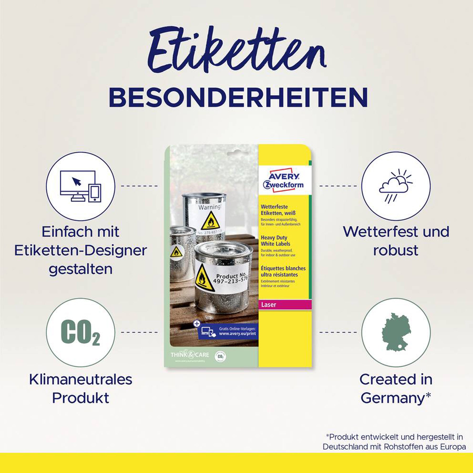 Avery Zweckform wetterfeste Etiketten - 210 x 297 mm

Inhalt:
•	20 Bögen
 
Spezifikationen:
•	Grösse: 210 x 297 mm
•	Farbe: Weiss
•	selbstklebend
•	starke und permanente Haftung
•	Öl-, schmutz-, UV- & temperaturbeständig
•	wasser- und reissfest
•	klimaneutrales Produkt, PVC-frei
•	individuell gestaltbar
•	für alle gängigen Laser-Drucker geeignet
