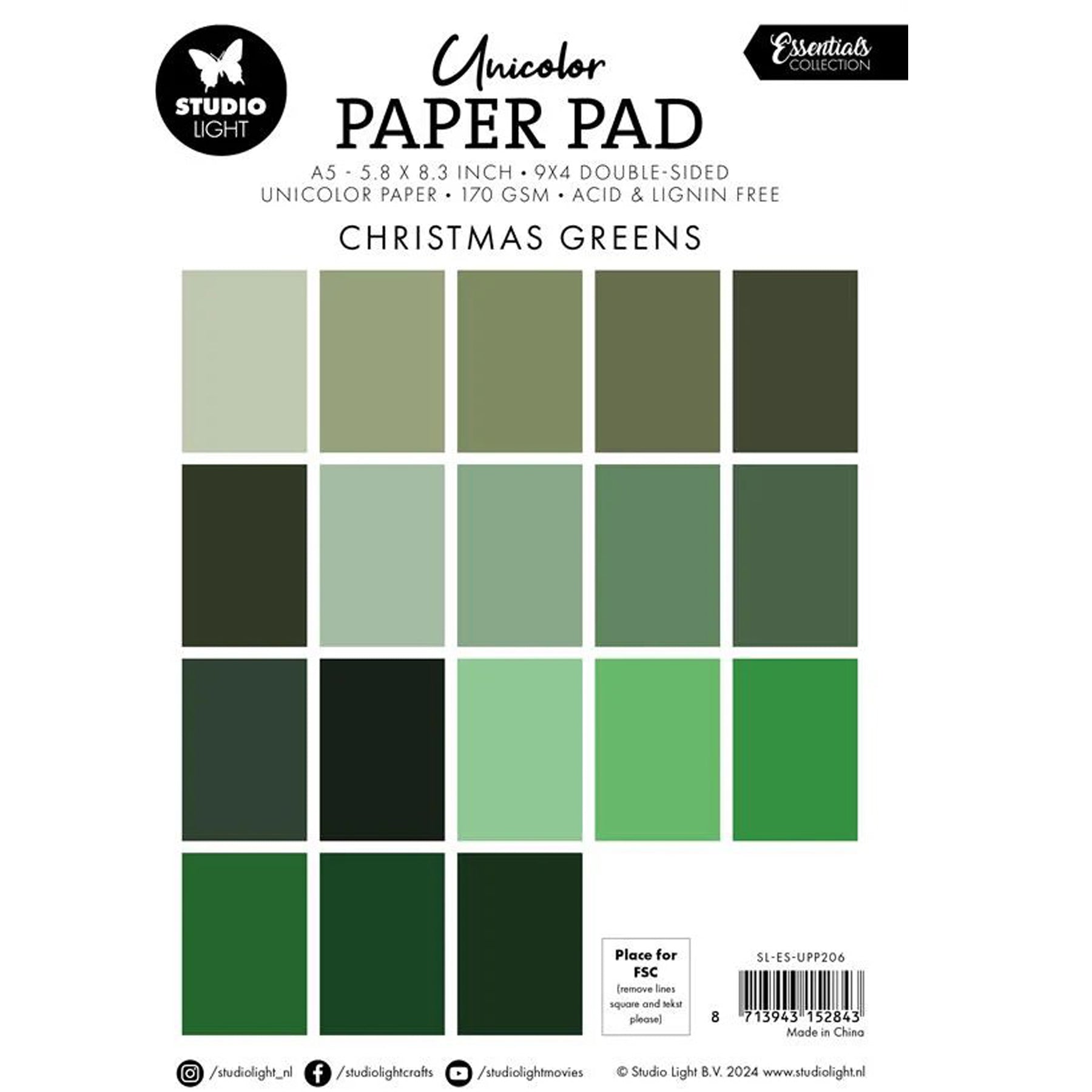 Crealive Papier Block 170 g/m2 - A5 - Christmas greens

Inhalt:
•	Block mit insgesamt 36 Bogen
 
Spezifikationen:
•	Grösse A5 (14.8 x 21 cm)
•	170 g/m2
•	beidseitig bedruckt
•	18 Farben (2 Bogen pro Farbe)
•	lignin- und säurefrei
 
Dieses Papier ist geeignet für:
•	Karten-Verzierungen
•	Plotten
•	Scrapbooking
•	Journaling
•	Mixed Media
 
Aus diesem A5 Papier kannst Du leichte Mini-Karten, Grusskarten, kleine Umschläge gestalten oder sie für Tags, Rahmen für Fotos, Anhänger und vielem mehr einsetzen. 
 
