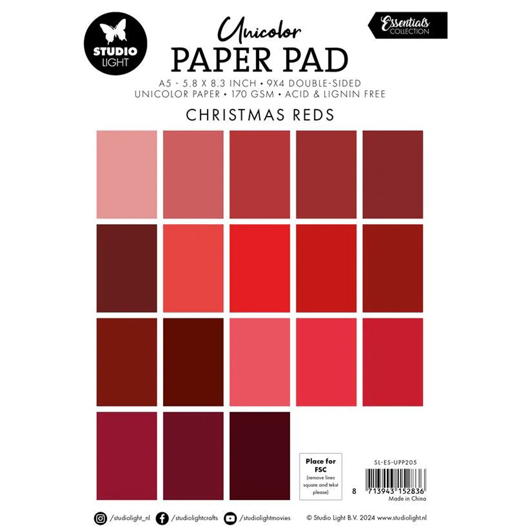 Crealive Papier Block 170 g/m2 - A5 - Christmas reds

Inhalt:
•	Block mit insgesamt 36 Bogen
 
Spezifikationen:
•	Grösse A5 (14.8 x 21 cm)
•	170 g/m2
•	beidseitig bedruckt
•	18 Farben (2 Bogen pro Farbe)
•	lignin- und säurefrei
 
Dieses Papier ist geeignet für:
•	Karten-Verzierungen
•	Plotten
•	Scrapbooking
•	Journaling
•	Mixed Media
 
Aus diesem A5 Papier kannst Du leichte Mini-Karten, Grusskarten, kleine Umschläge gestalten oder sie für Tags, Rahmen für Fotos, Anhänger und vielem mehr einsetzen. 
 
Schnei