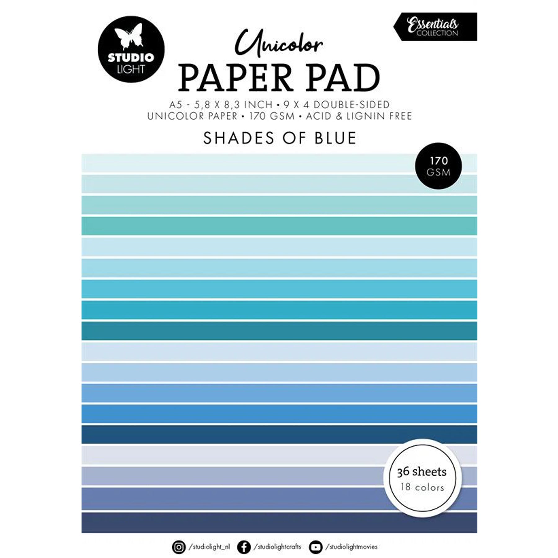 Crealive Papier Block 170 g/m2 - A5 - Shades of blue

Inhalt:
•	Block mit insgesamt 36 Bogen
 
Spezifikationen:
•	Grösse A5 (14.8 x 21 cm)
•	170 g/m2
•	beidseitig bedruckt
•	18 Farben (2 Bogen pro Farbe)
•	lignin- und säurefrei
 
Dieses Papier ist geeignet für:
•	Karten-Verzierungen
•	Plotten
•	Scrapbooking
•	Journaling
•	Mixed Media
 
Aus diesem A5 Papier kannst Du leichte Mini-Karten, Grusskarten, kleine Umschläge gestalten oder sie für Tags, Rahmen für Fotos, Anhänger und vielem mehr einsetzen. 
 
Schnei