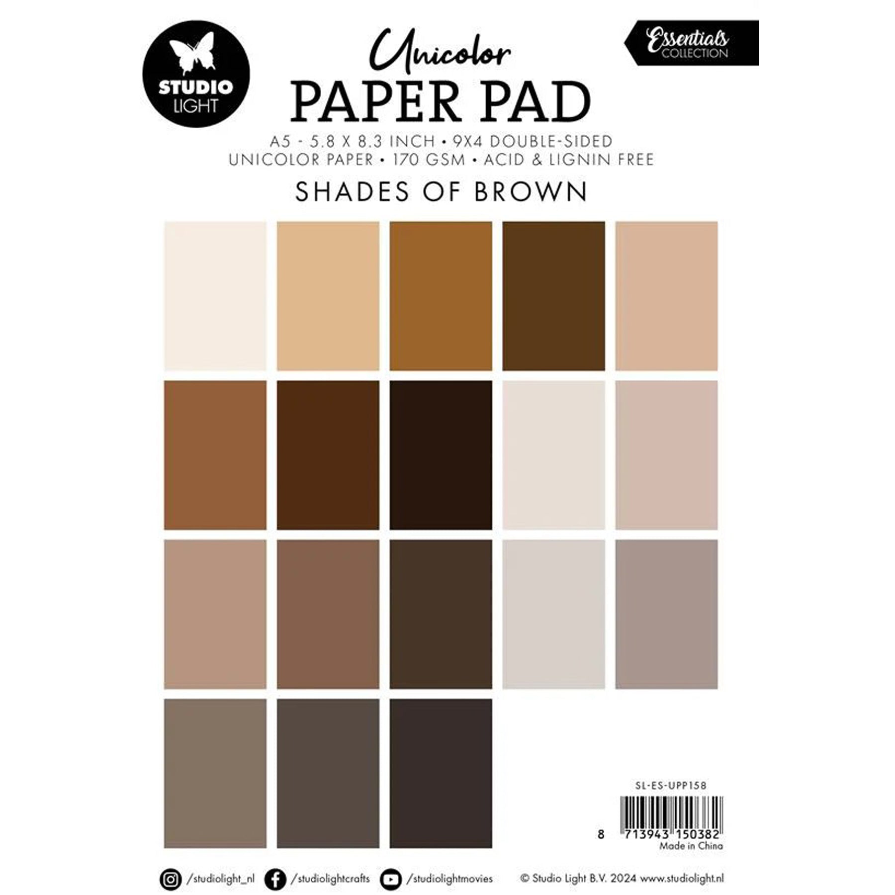 Crealive Papier Block 170 g/m2 - A5 - Shades of brown

Inhalt:
•	Block mit insgesamt 36 Bogen
 
Spezifikationen:
•	Grösse A5 (14.8 x 21 cm)
•	170 g/m2
•	beidseitig bedruckt
•	18 Farben (2 Bogen pro Farbe)
•	lignin- und säurefrei
 
Dieses Papier ist geeignet für:
•	Karten-Verzierungen
•	Plotten
•	Scrapbooking
•	Journaling
•	Mixed Media
 
Aus diesem A5 Papier kannst Du leichte Mini-Karten, Grusskarten, kleine Umschläge gestalten oder sie für Tags, Rahmen für Fotos, Anhänger und vielem mehr einsetzen. 
 
Schne