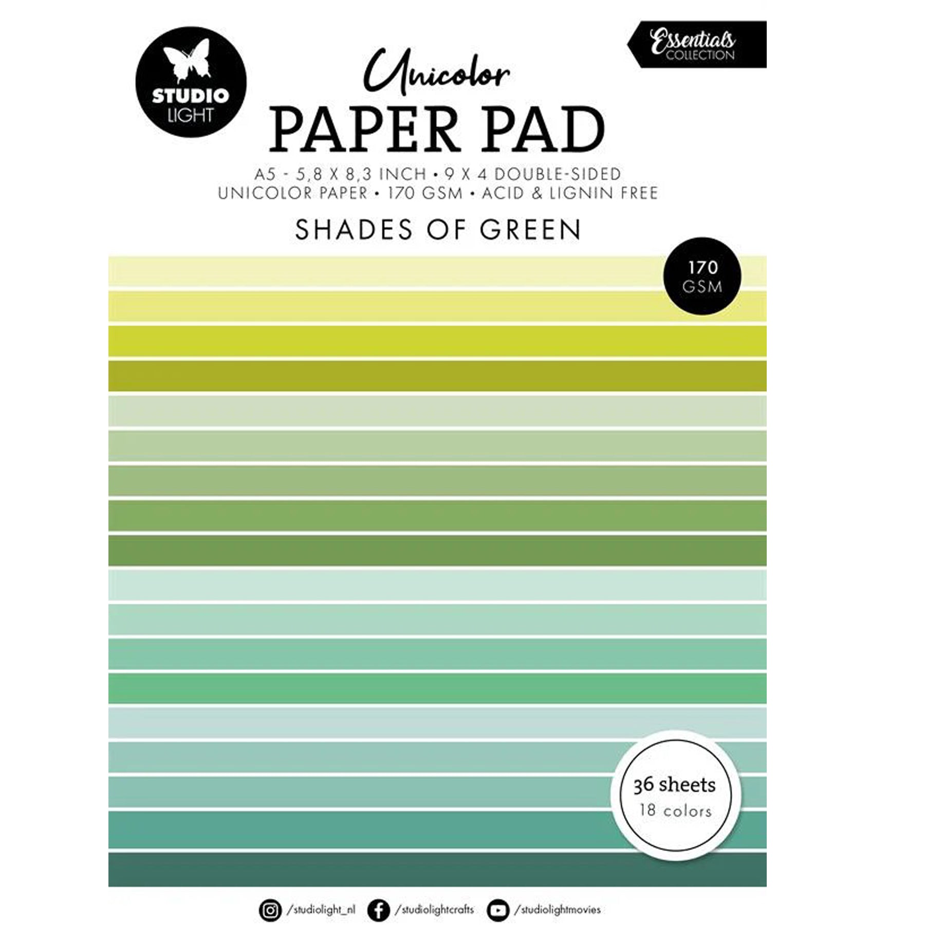 Crealive Papier Block 170 g/m2 - A5 - Shades of green

Inhalt:
•	Block mit insgesamt 36 Bogen
 
Spezifikationen:
•	Grösse A5 (14.8 x 21 cm)
•	170 g/m2
•	beidseitig bedruckt
•	18 Farben (2 Bogen pro Farbe)
•	lignin- und säurefrei
 
Dieses Papier ist geeignet für:
•	Karten-Verzierungen
•	Plotten
•	Scrapbooking
•	Journaling
•	Mixed Media
 
Aus diesem A5 Papier kannst Du leichte Mini-Karten, Grusskarten, kleine Umschläge gestalten oder sie für Tags, Rahmen für Fotos, Anhänger und vielem mehr einsetzen. 
 
Schne