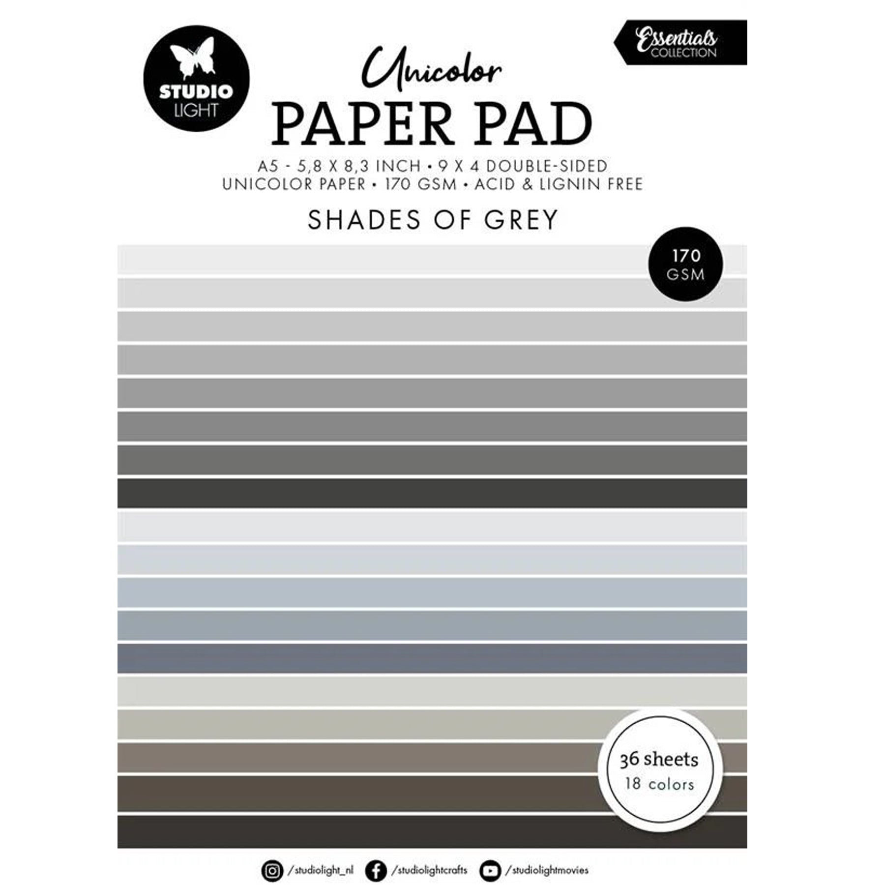 Crealive Papier Block 170 g/m2 - A5 - Shades of grey

Inhalt:
•	Block mit insgesamt 36 Bogen
 
Spezifikationen:
•	Grösse A5 (14.8 x 21 cm)
•	170 g/m2
•	beidseitig bedruckt
•	18 Farben (2 Bogen pro Farbe)
•	lignin- und säurefrei
 
Dieses Papier ist geeignet für:
•	Karten-Verzierungen
•	Plotten
•	Scrapbooking
•	Journaling
•	Mixed Media
 
Aus diesem A5 Papier kannst Du leichte Mini-Karten, Grusskarten, kleine Umschläge gestalten oder sie für Tags, Rahmen für Fotos, Anhänger und vielem mehr einsetzen. 
 
Schnei