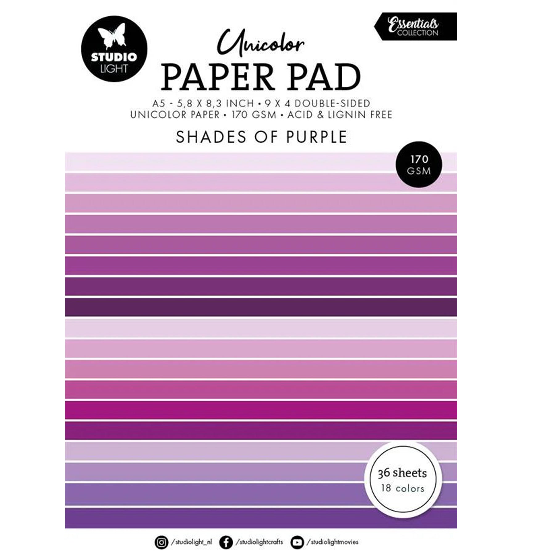 Crealive Papier Block 170 g/m2 - A5 - Shades of purple

Inhalt:
•	Block mit insgesamt 36 Bogen
 
Spezifikationen:
•	Grösse A5 (14.8 x 21 cm)
•	170 g/m2
•	beidseitig bedruckt
•	18 Farben (2 Bogen pro Farbe)
•	lignin- und säurefrei
 
Dieses Papier ist geeignet für:
•	Karten-Verzierungen
•	Plotten
•	Scrapbooking
•	Journaling
•	Mixed Media
 
Aus diesem A5 Papier kannst Du leichte Mini-Karten, Grusskarten, kleine Umschläge gestalten oder sie für Tags, Rahmen für Fotos, Anhänger und vielem mehr einsetzen. 
 
Schn