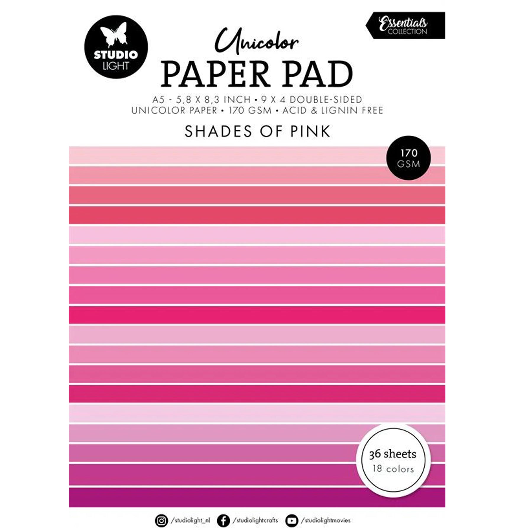 Crealive Papier Block 170 g/m2 - A5 - Shades of pink

Inhalt:
•	Block mit insgesamt 36 Bogen
 
Spezifikationen:
•	Grösse A5 (14.8 x 21 cm)
•	170 g/m2
•	beidseitig bedruckt
•	18 Farben (2 Bogen pro Farbe)
•	lignin- und säurefrei
 
Dieses Papier ist geeignet für:
•	Karten-Verzierungen
•	Plotten
•	Scrapbooking
•	Journaling
•	Mixed Media
 
Aus diesem A5 Papier kannst Du leichte Mini-Karten, Grusskarten, kleine Umschläge gestalten oder sie für Tags, Rahmen für Fotos, Anhänger und vielem mehr einsetzen. 
 
Schnei
