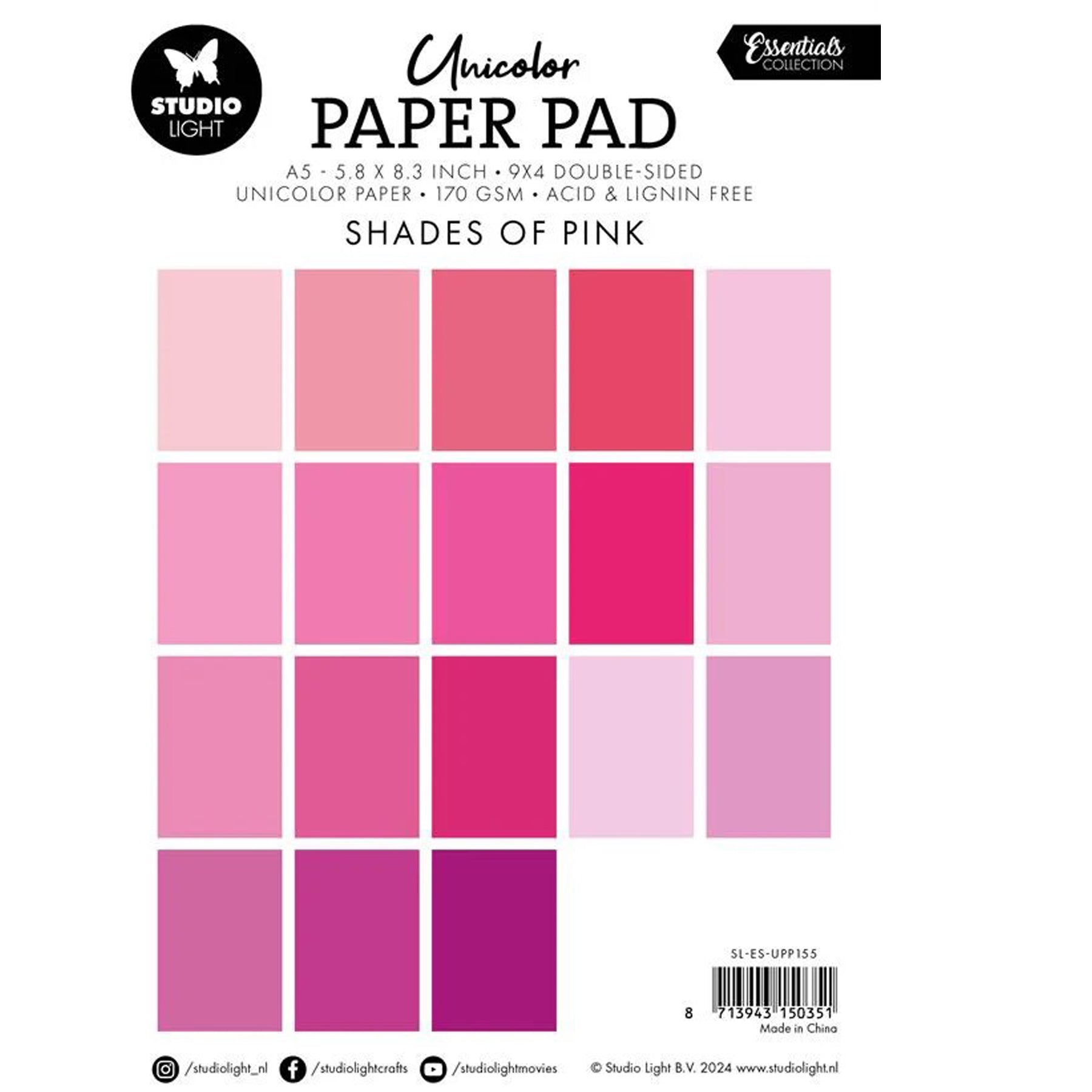 Crealive Papier Block 170 g/m2 - A5 - Shades of pink

Inhalt:
•	Block mit insgesamt 36 Bogen
 
Spezifikationen:
•	Grösse A5 (14.8 x 21 cm)
•	170 g/m2
•	beidseitig bedruckt
•	18 Farben (2 Bogen pro Farbe)
•	lignin- und säurefrei
 
Dieses Papier ist geeignet für:
•	Karten-Verzierungen
•	Plotten
•	Scrapbooking
•	Journaling
•	Mixed Media
 
Aus diesem A5 Papier kannst Du leichte Mini-Karten, Grusskarten, kleine Umschläge gestalten oder sie für Tags, Rahmen für Fotos, Anhänger und vielem mehr einsetzen. 
 
Schnei