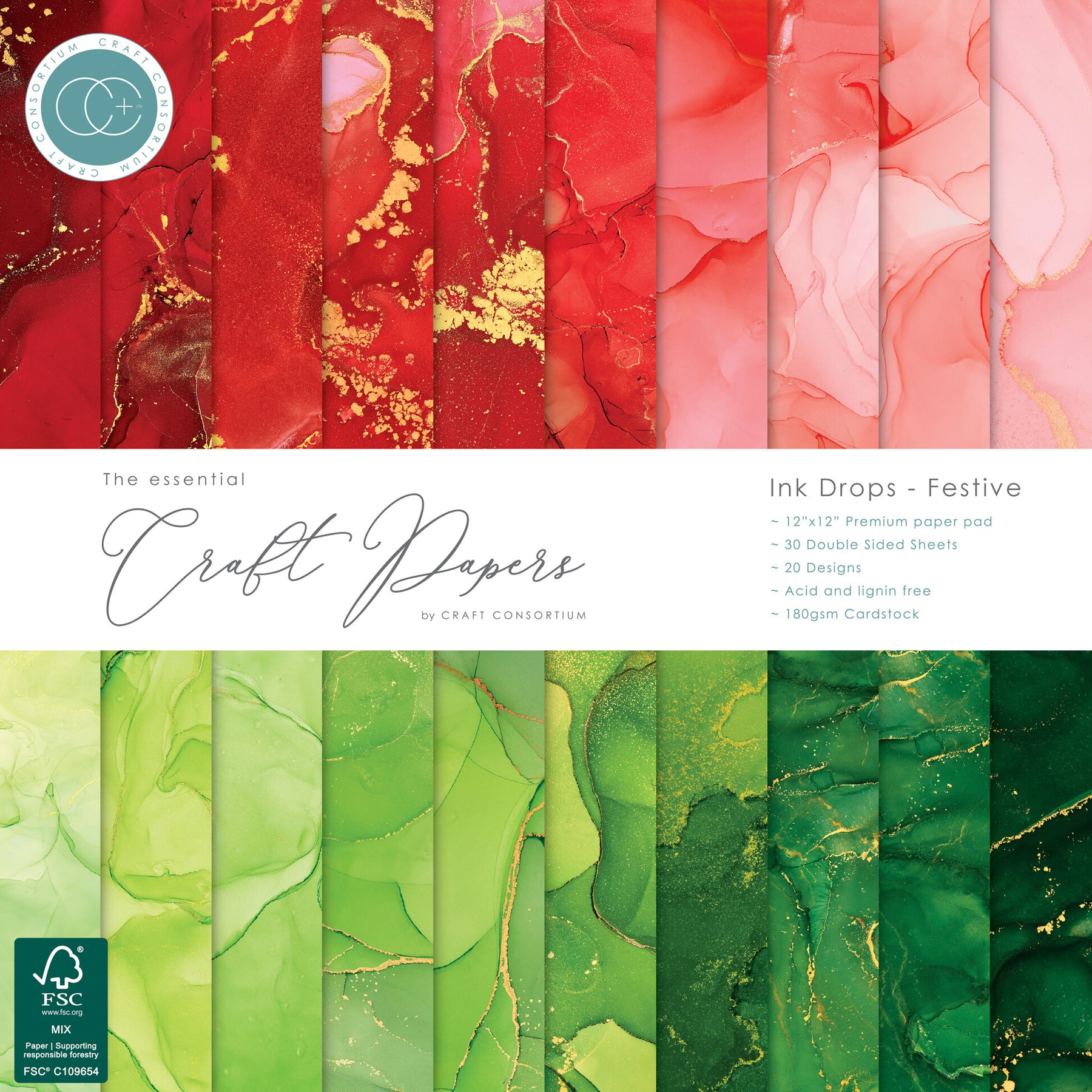 Crealive Premium Paper Pad 180 g/m2 - 12’’ x 12’’ - Ink Drops Festive

Spezifikationen:
•	12’’ x 12’’ (30.5 cm x 30.5 cm)
•	180 g/m2
•	beidseitig bedruckt
•	säure- und ligninfrei
•	20 Designs
 
Inhalt:
•	30 Bogen
•	20 Designs
•	beidseitig bedruckt
 
Dieses Paper Pad / Designpapier ist geeignet für:
•	Karten
•	Karten-Verzierungen
•	Kuverts
•	Geschenkboxen & Verpackungen
•	Plotten
•	Stanzen
•	Prägen
•	Scrapbooking
•	Journaling
•	Mixed Media
