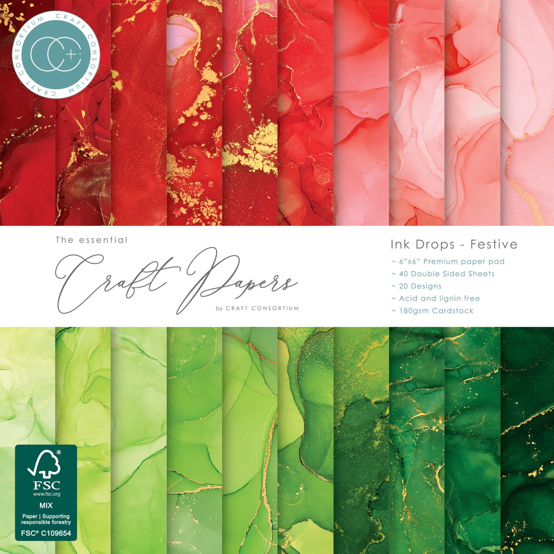 Crealive Premium Paper Pad 180 g/m2 -  6’’ x 6’’ - Ink Drops Festive
Inhalt:
•	40 Bogen
•	20 Designs
•	beidseitig bedruckt
 
Spezifikationen:
•	6’’ x 6’’ (15.25 cm x 15.25 cm)
•	180 g/m2
•	beidseitig bedruckt
•	säure- und ligninfrei
•	20 Designs
 
 
Dieses Paper Pad / Designpapier ist geeignet für:
•	Karten-Verzierungen
•	Verpackungs-Dekoration
•	Plotten
•	Stanzen
•	Prägen
•	Scrapbooking
•	Journaling
•	Mixed Media
 
Aus diesem Designpapier kannst Du wundervolle Karten- und Verpackungs-Dekorationen kreieren.