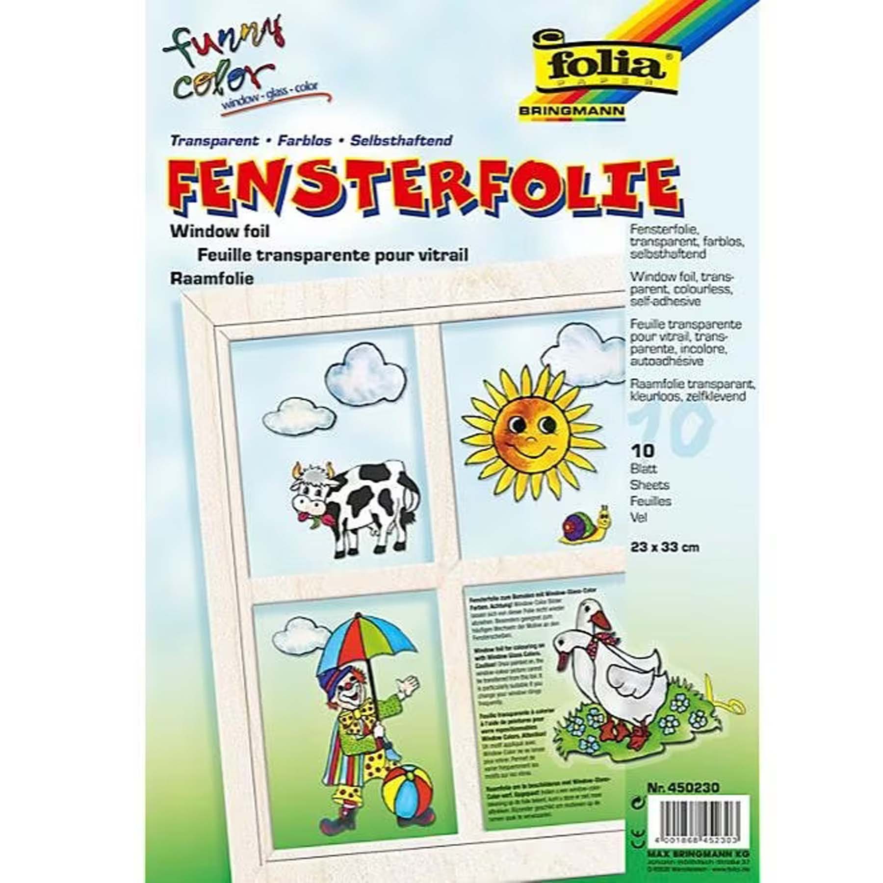 Crealive Fensterfolie - Transparent  Inhalt:  10 Bogen Grösse: 23 x 33 cm Farben: Transparent / farblos    Die Fensterfolie selbsthaftend ist geeignet für:  Fenster Verzierung    Du kannst die Adhäsionsfolie / Fensterfolie 
