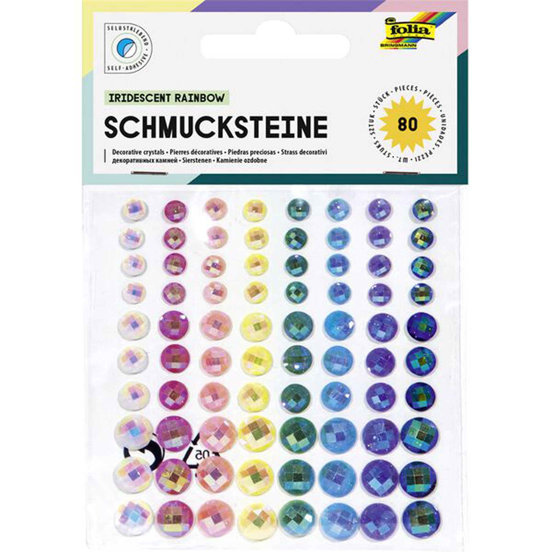 Crealive Schmucksteine selbstklebend - Iridescent Rainbow  Spezifikationen:  selbstklebende Schmucksteine durchsichtige Schmucksteine mit Diamantschliff 8 märchenhafte Farbtöne 3 unterschiedliche Grössen 80 Schmucksteine    Schmucksteine selbstklebend sind geeignet für:  Karten Karten-Verzierungen Plotten Scrapbooking Geschenke kleine Tüten