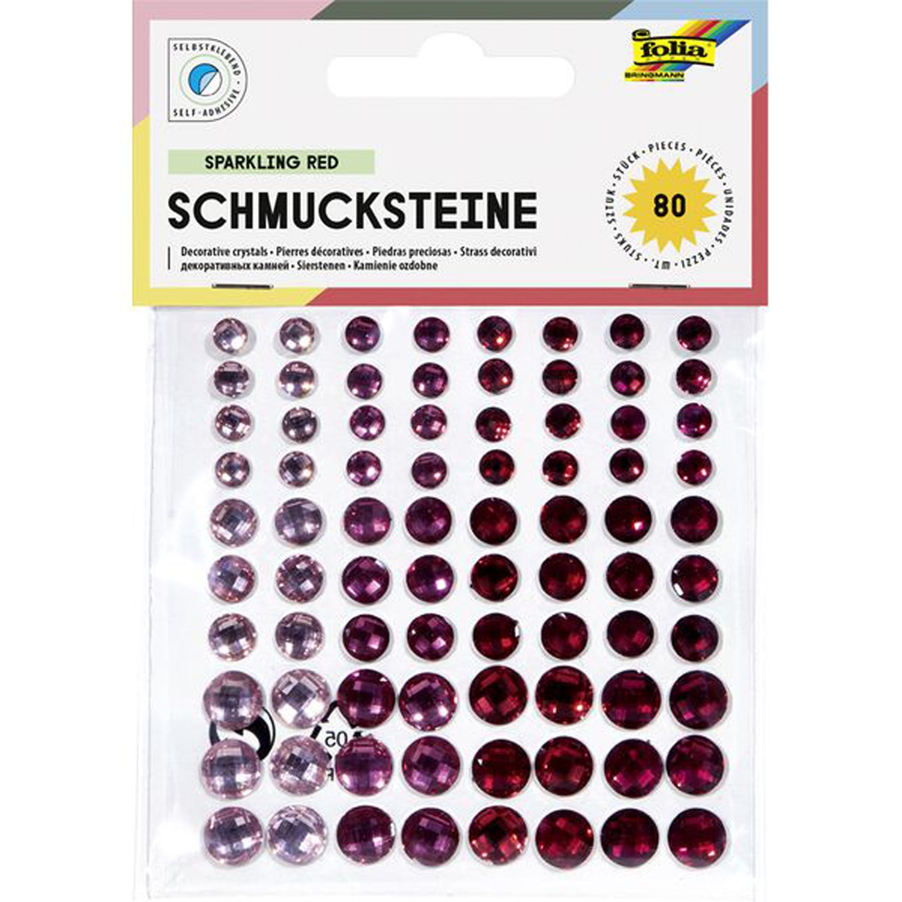 Crealive Schmucksteine selbstklebend - Sparkling Red  Spezifikationen:  selbstklebende Schmucksteine durchsichtige Schmucksteine mit Diamantschliff 4 harmonische Rottöne 3 unterschiedliche Grössen 80 Schmucksteine    Schmucksteine selbstklebend sind geeignet für:  Karten Karten-Verzierungen Plotten Scrapbooking Geschenke kleine Tüten