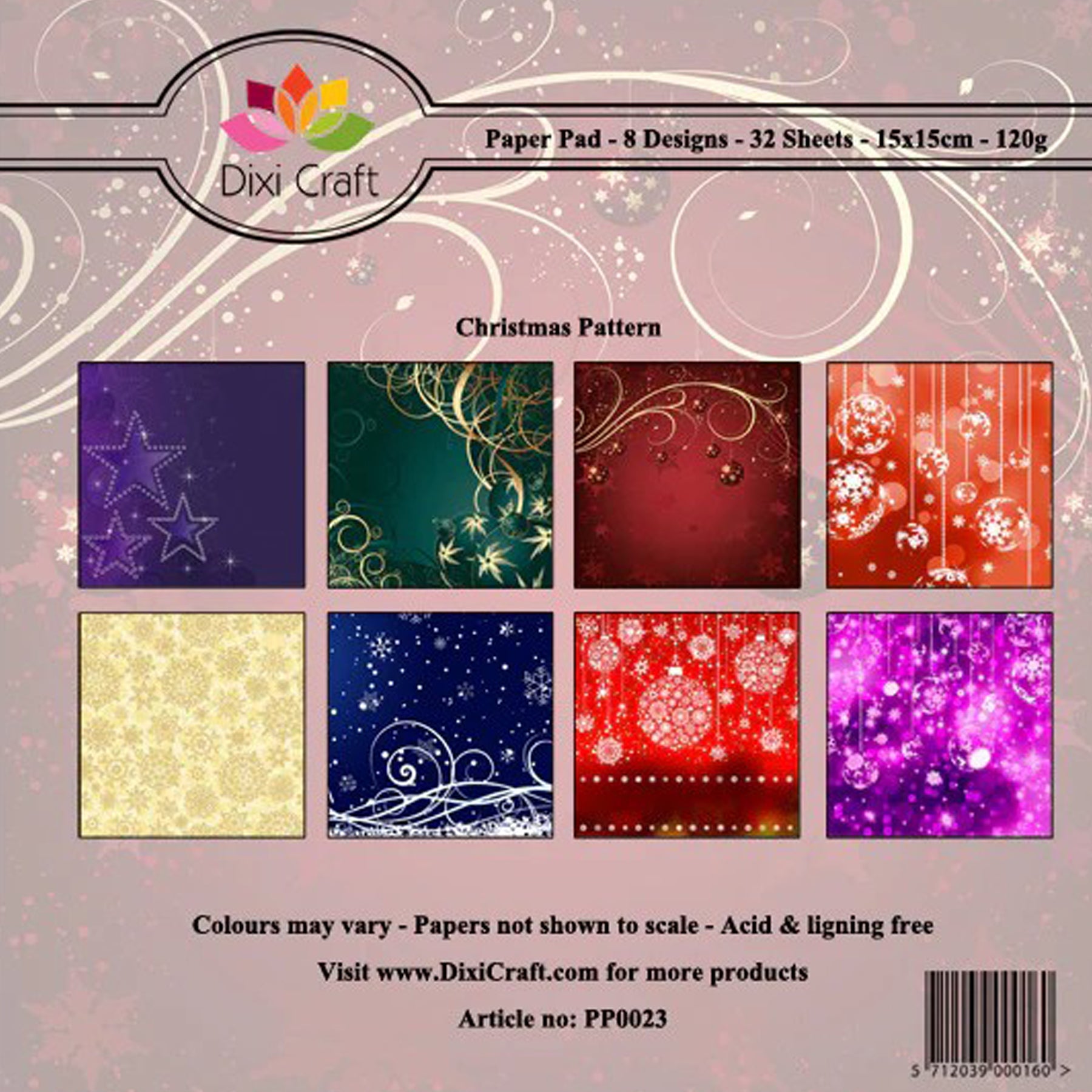 Crealive Paper Pad 120 g/m2 - 15 cm x 15 cm - Christmas Pattern

Inhalt:
•	32 Blatt
•	8 Designs
 
Spezifikationen:
•	15 cm x 15 cm
•	120 g/m2
•	einseitig bedruckt
•	säure- und ligninfrei
 
Dieses Paper Pad ist geeignet für:
•	Karten
•	Karten-Verzierungen
•	kleine Geschenkboxen & Verpackungen
•	Plotten
•	Stanzen
•	Prägen
•	Scrapbooking
•	Journaling
•	Mixed Media
 
Dieses einseitig bedruckte Designpapier ist eine wunderbare, winterliche Basis für kreative, spezielle, individuelle Karten, Plotts, Verzierungen 
