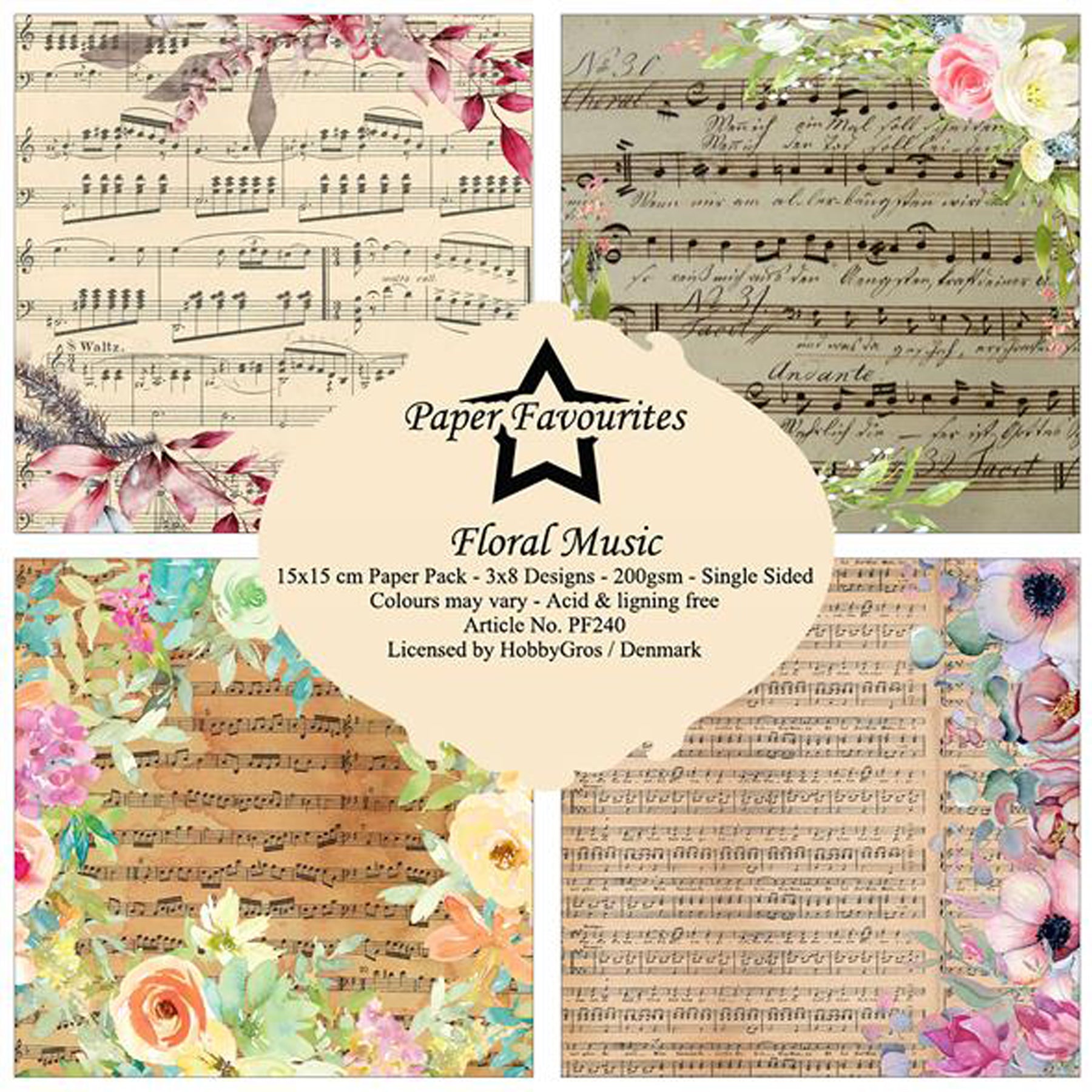 Crealive Paper Pad 200 g/m2 - 15 cm x 15 cm - Floral Music
 
Inhalt:
•	24 Bogen
•	8 Designs
 
Spezifikationen:
•	15 cm x 15 cm
•	200 g/m2
•	einseitig bedruckt
•	säure- und ligninfrei
 
Dieses Paper Pad ist geeignet für:
•	Karten
•	Karten-Verzierungen
•	Plotten
•	Stanzen
•	Prägen
•	Scrapbooking
 
Dieses einseitig bedruckte Designpapier im musikalischen Vintage-Look, ist eine wunderbare Basis für kreative, spezielle, individuelle Karten, Plotts, Verzierungen von Geschenktaschen, Schachteln, Karten, Geschenkbo