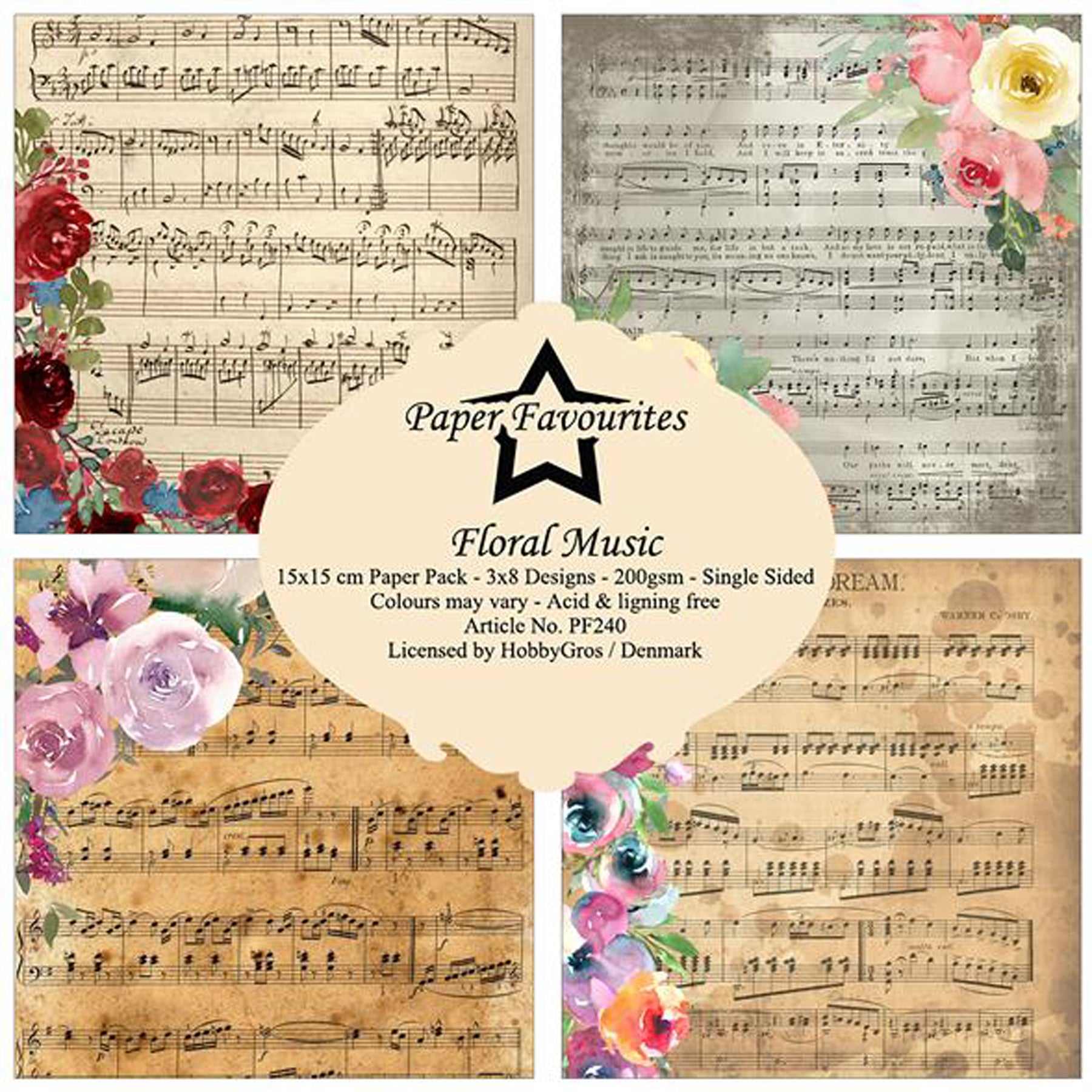Crealive Paper Pad 200 g/m2 - 15 cm x 15 cm - Floral Music
 
Inhalt:
•	24 Bogen
•	8 Designs
 
Spezifikationen:
•	15 cm x 15 cm
•	200 g/m2
•	einseitig bedruckt
•	säure- und ligninfrei
 
Dieses Paper Pad ist geeignet für:
•	Karten
•	Karten-Verzierungen
•	Plotten
•	Stanzen
•	Prägen
•	Scrapbooking
 
Dieses einseitig bedruckte Designpapier im musikalischen Vintage-Look, ist eine wunderbare Basis für kreative, spezielle, individuelle Karten, Plotts, Verzierungen von Geschenktaschen, Schachteln, Karten, Geschenkbo