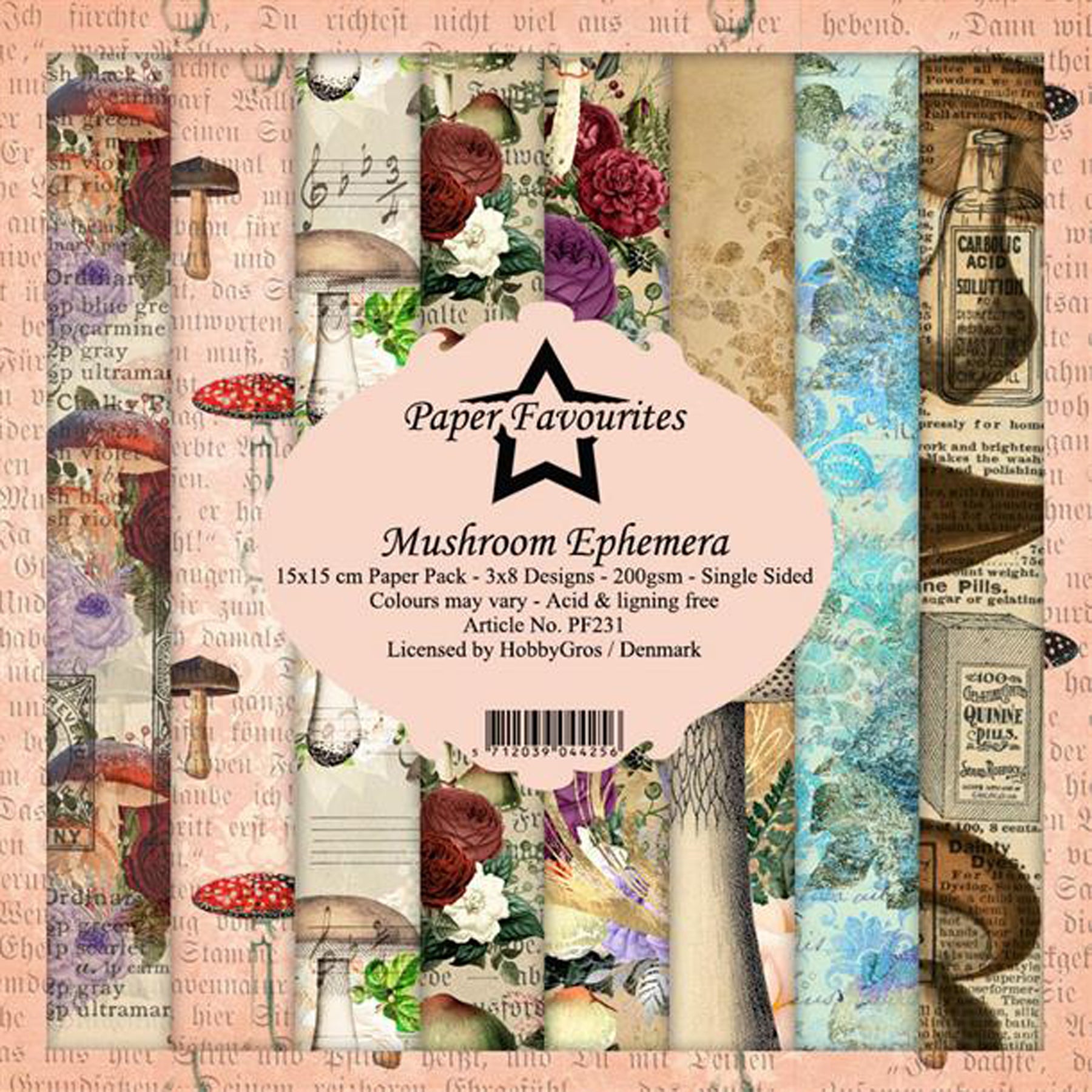 Crealive Paper Pad 200 g/m2 - 15 cm x 15 cm - Mushroom Ephemera
 
Inhalt:
•	24 Bogen
•	8 Designs
 
Spezifikationen:
•	15 cm x 15 cm
•	200 g/m2
•	einseitig bedruckt
•	säure- und ligninfrei
 
Dieses Paper Pad ist geeignet für:
•	Karten
•	Karten-Verzierungen
•	Plotten
•	Stanzen
•	Prägen
•	Scrapbooking
 
Dieses einseitig bedruckte Designpapier im Ephemera-Stil, ist eine wunderbare Basis für kreative, spezielle, individuelle Karten, Plotts, Verzierungen von Geschenktaschen, Schachteln, Karten, Geschenkboxen, Scr