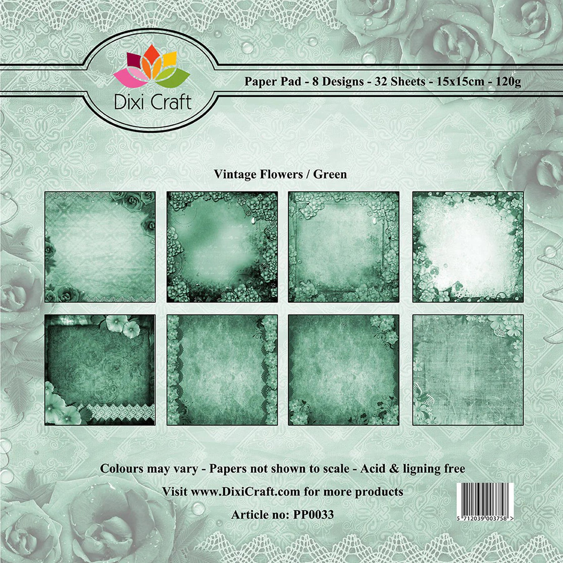 Crealive Paper Pad 120 g/m2 - 15 cm x 15 cm – Vintage Flowers Green
Inhalt:
•	32 Blatt
•	8 Designs
 
Spezifikationen:
•	15 cm x 15 cm
•	120 g/m2
•	einseitig bedruckt
•	säure- und ligninfrei
 
Dieses Paper Pad ist geeignet für:
•	Karten
•	Karten- und Boxendekorationen
•	Plotten
•	Scrapbooking
