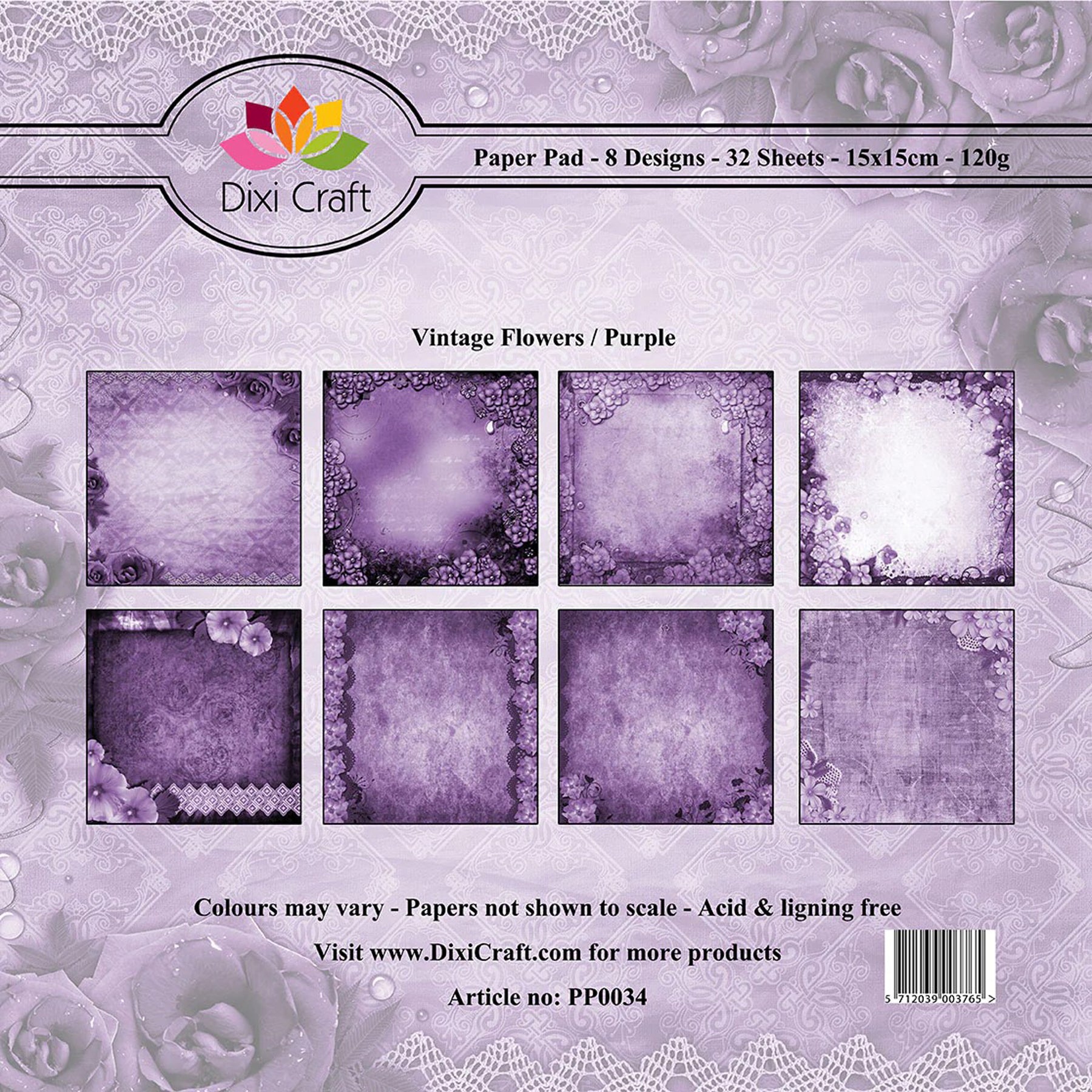 Crealive Paper Pad 120 g/m2 - 15 cm x 15 cm – Vintage Flowers Purple
Inhalt:
•	32 Blatt
•	8 Designs
 
Spezifikationen:
•	15 cm x 15 cm
•	120 g/m2
•	einseitig bedruckt
•	säure- und ligninfrei
 
Dieses Paper Pad ist geeignet für:
•	Karten
•	Karten- und Boxendekorationen
•	Plotten
•	Scrapbooking

