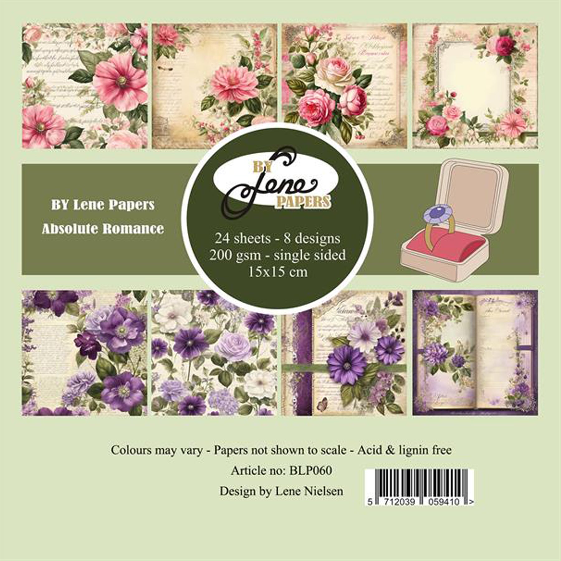 Crealive Paper Pad 200 g/m2 - 15 cm x 15 cm - Absolute Romance

Inhalt:
•	24 Blatt
•	8 Designs
 
Spezifikationen:
•	15 cm x 15 cm
•	200 g/m2
•	einseitig bedruckt
•	säure- und ligninfrei
 
Dieses Paper Pad ist geeignet für:
•	Karten
•	Karten-Verzierungen
•	kleine Geschenkboxen & Verpackungen
•	Plotten
•	Stanzen
•	Prägen
•	Scrapbooking
•	Journaling
•	Mixed Media
 
Dieses einseitig bedruckte Designpapier im floralen Look mit romantischen Blumenranken, ist eine wunderschöne Basis für kreative, spezielle, indivi