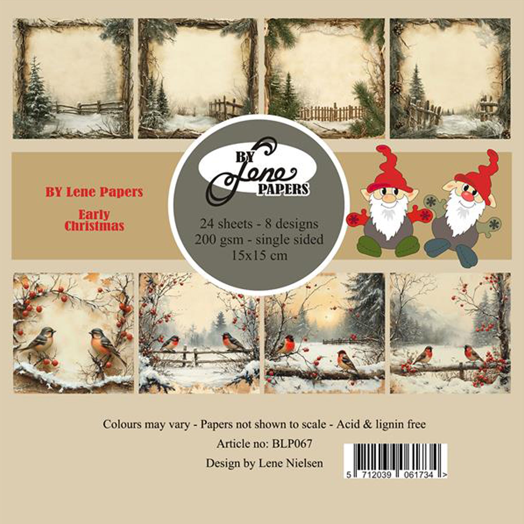 Crealive Paper Pad 200 g/m2 - 15 cm x 15 cm - Early Christmas

Inhalt:
•	24 Blatt
•	8 Designs
 
Spezifikationen:
•	15 cm x 15 cm
•	200 g/m2
•	einseitig bedruckt
•	säure- und ligninfrei
 
Dieses Paper Pad ist geeignet für:
•	Karten
•	Boxen
•	3D-Projekte
•	kleine Geschenkboxen & Verpackungen
•	Plotten
•	Scrapbooking
 
By Lene ist bekannt für hochwertige Metall Stanzen, auch Craft Dies genannt, sowie tolle Motivstempel, Designpapier und Enamel Dots. 
 
Schneideeinstellung
Bitte teste die Schneideeinstellungen 